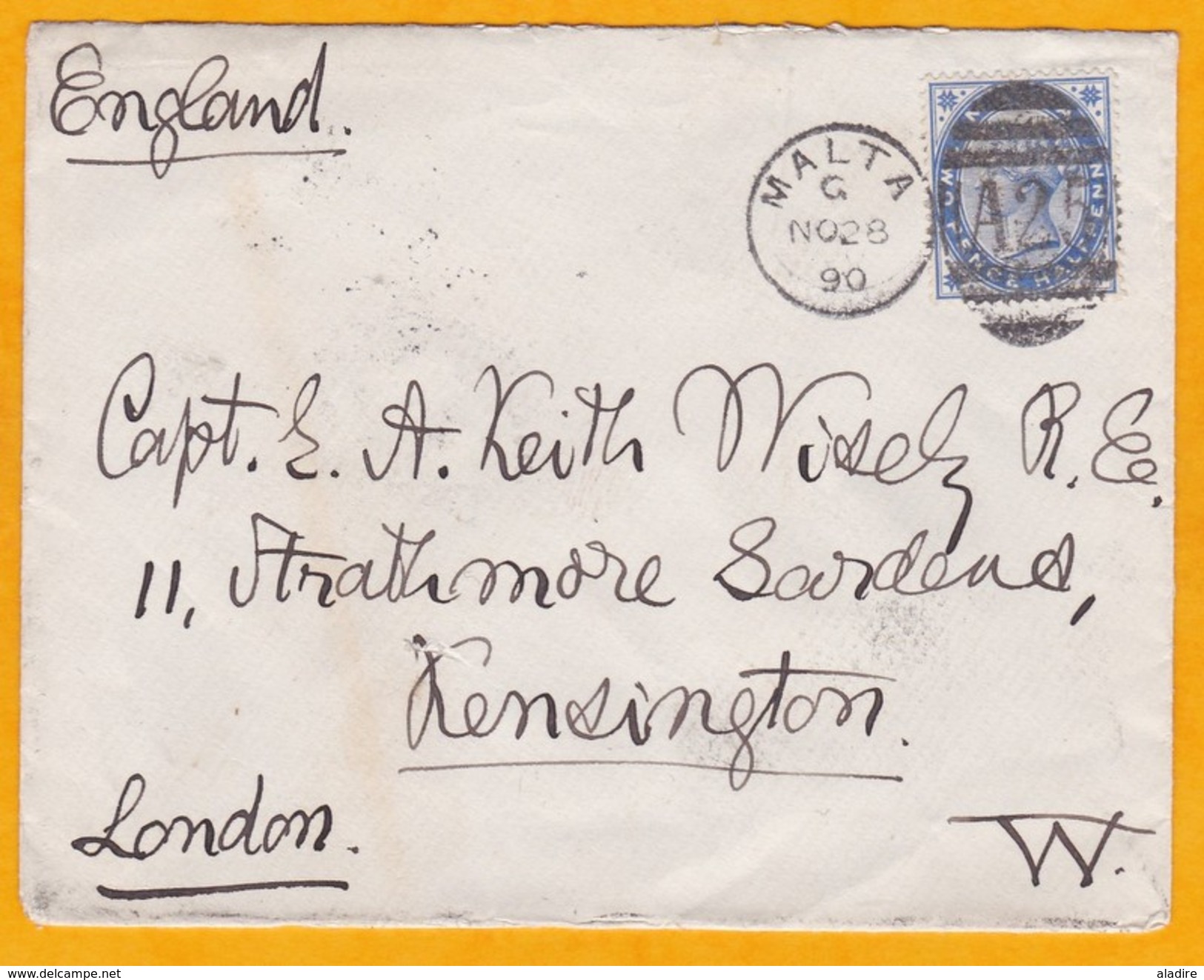 1890 - Enveloppe De La Valetta, Malte Vers Kensington, Angleterre - 2 1/2 Pence Victoria - Oblitération Duplex - Malta (...-1964)