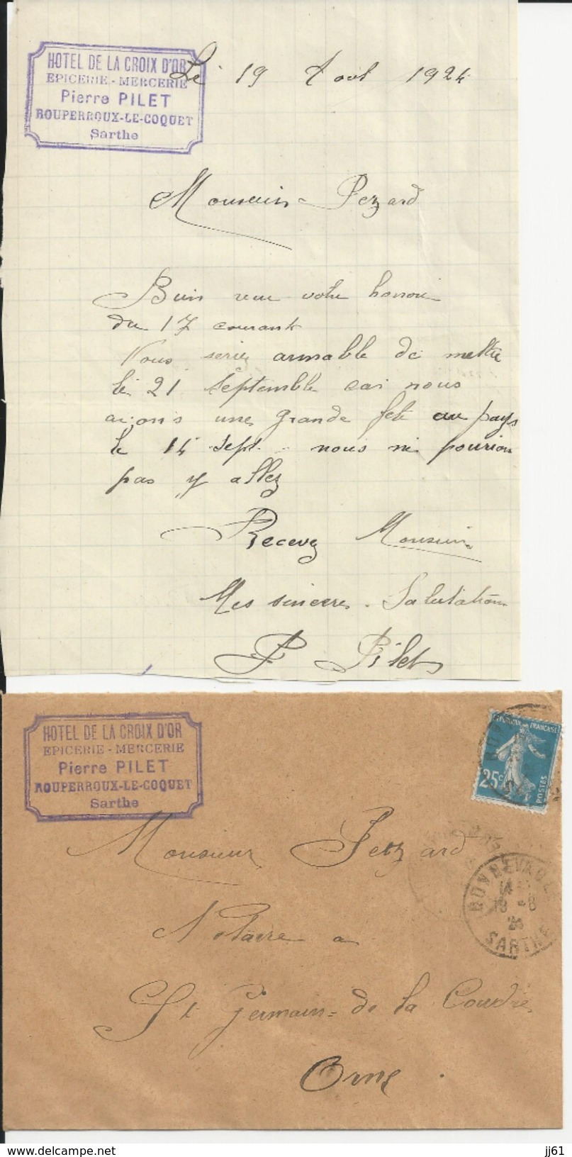 ROUPERROUX LE COQUET HOTEL DE LA CROIX D OR EPICERIE MERCERIE PIERRE PILET LETTRE ET ENVELOPPE AVEC CACHET ANNEE 1924 - Other & Unclassified