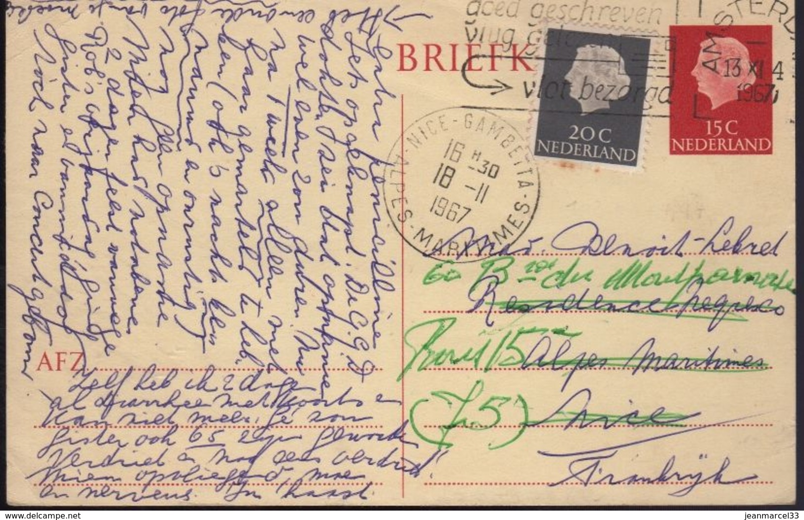 Carte Postale  Entier Postal 15 C Rouge Oblitération Amsterdam 13 XI 1967 - Postal Stationery
