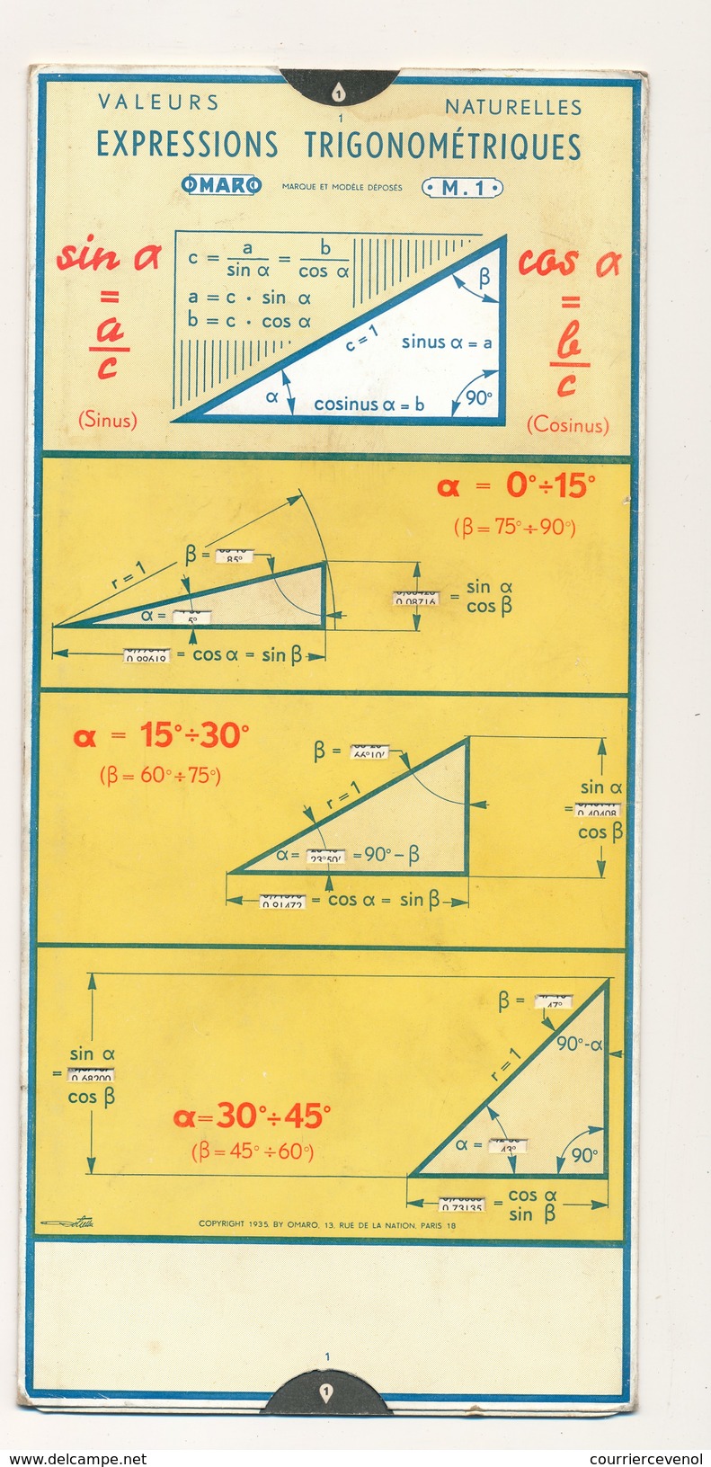 Ancienne Règle à Calcul OMARO - Expressions Trigonométriques - 1935 - Other & Unclassified