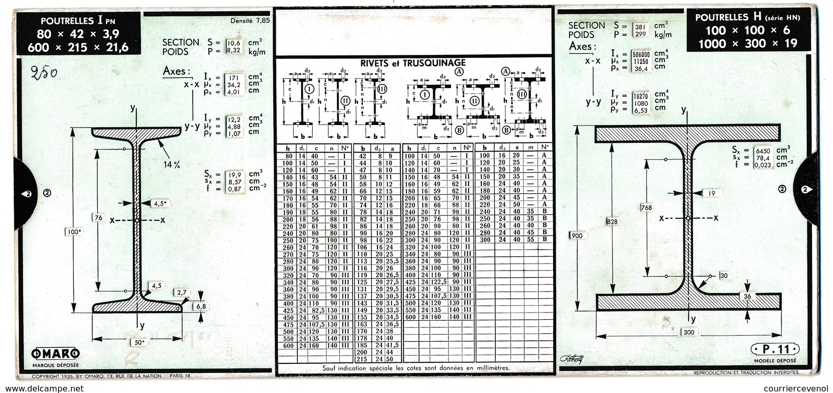 Ancienne Règle à Calcul OMARO - Fers Profilés En U, En T, Poutrelles IPN Et H - Copyright 1935 - Autres & Non Classés