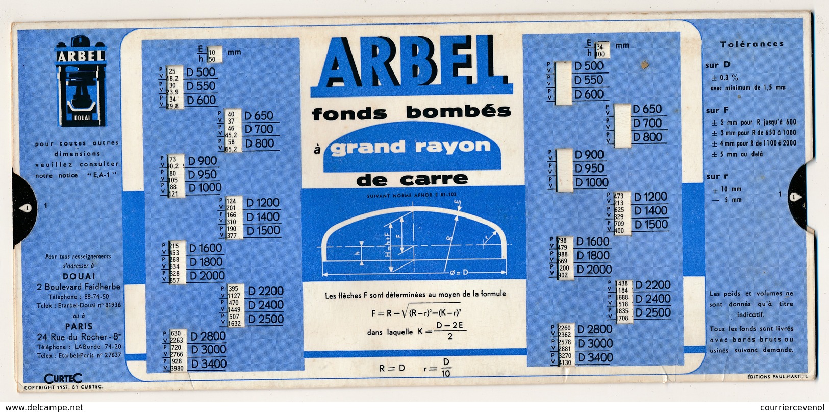 Ancienne Abaque Editions Paul Martial - ARBEL DOUAI - Fonds Elliptiques Et Fonds Bombés à Grand Rayon De Carre - 1957 - Sonstige & Ohne Zuordnung