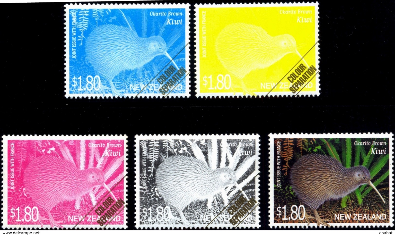 FLIGHTLESS BIRDS-KIWI-COLOR SEPARATION-ERROR-TRIALS-SET OF 5-JOINT ISSUE WITH FRANCE-NEW ZEALAND-2000-SG-2375-MNH-PA-06 - Kiwi's