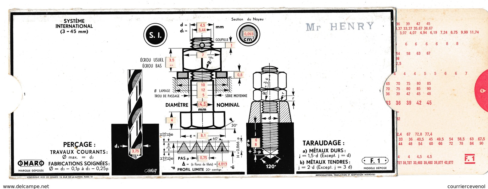 Ancienne Abaque De Calcul OMARO - Percage, Taraudage - Copyright 1935 - Otros & Sin Clasificación