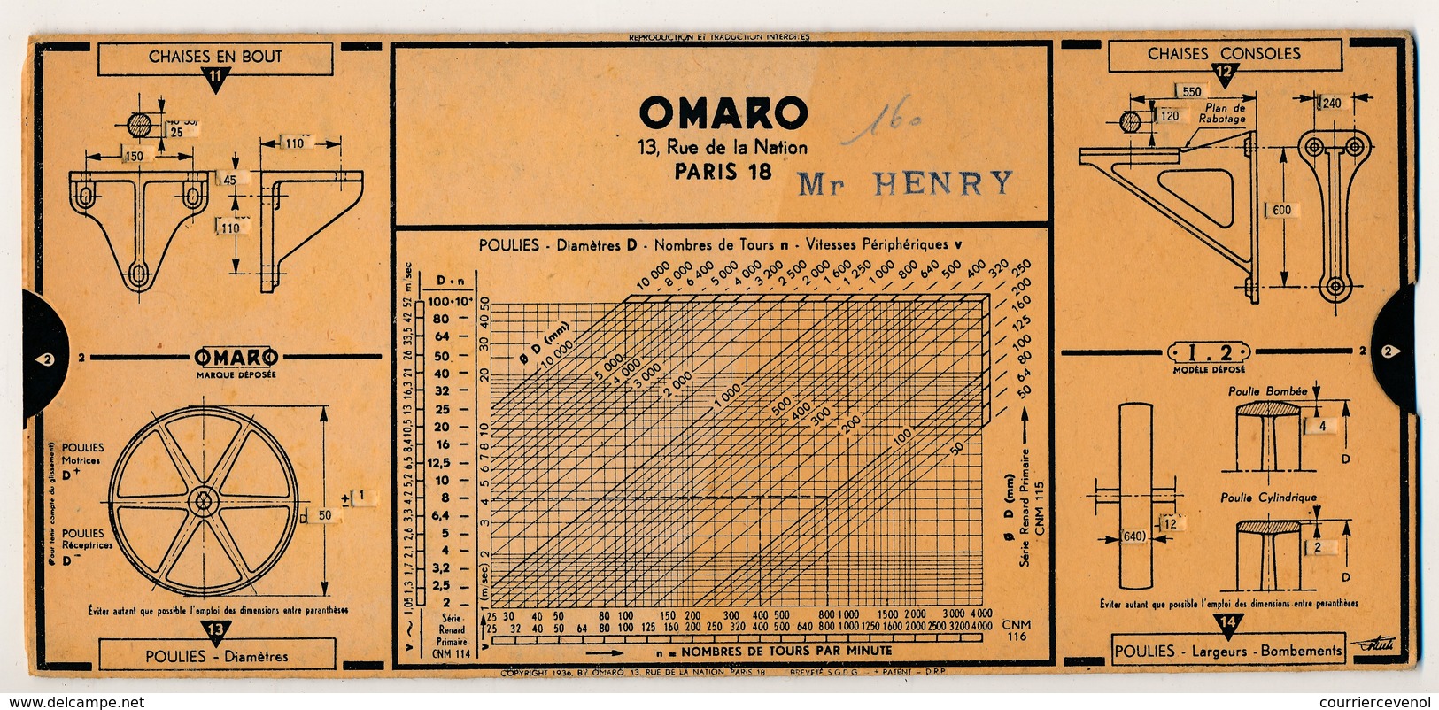 Ancienne Abaque De Calcul OMARO - Chaises En Bout, Consoles, Poulies Organes De Transmission - Copyright 1936 - Other & Unclassified