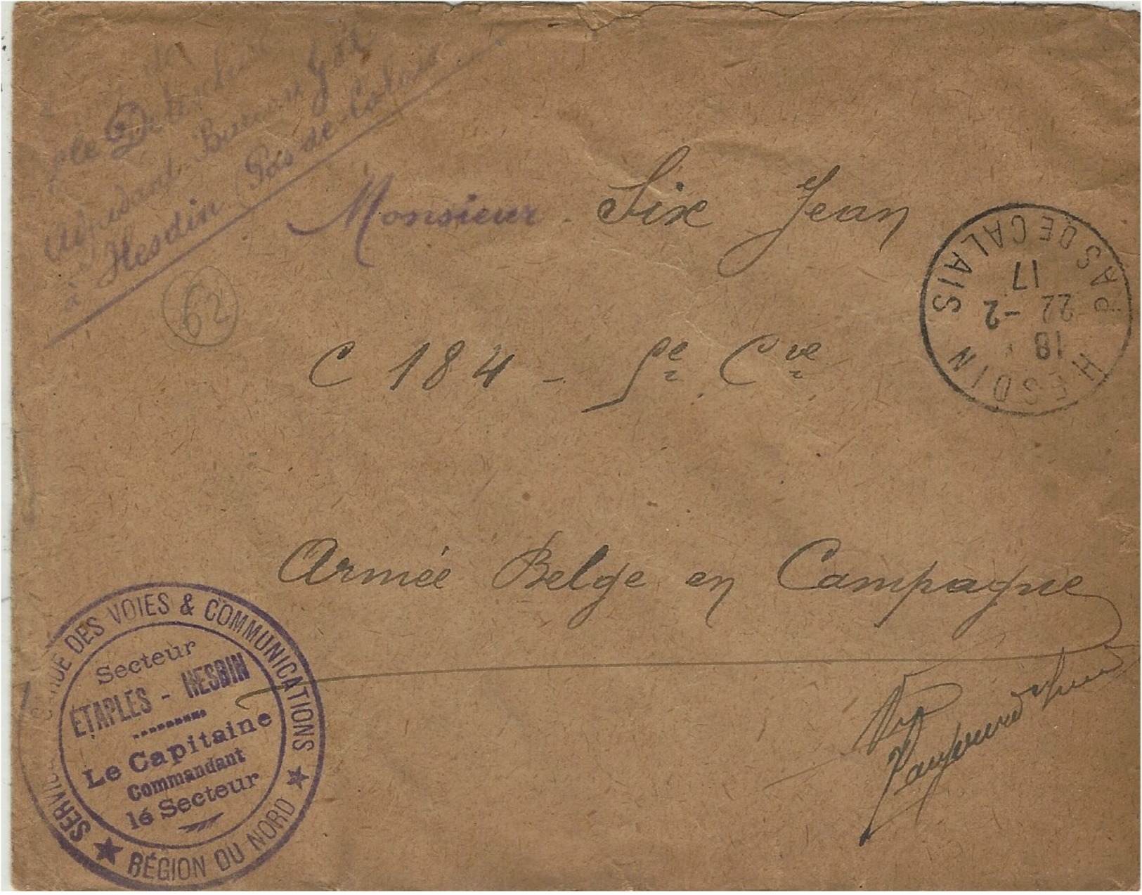 1917- Enveloppe D' HESDIN ( P. De C. ) En F M  "-S G V C  -secteur ETAPLES-HESDIN  * REGION DU NORD " - Guerre De 1914-18