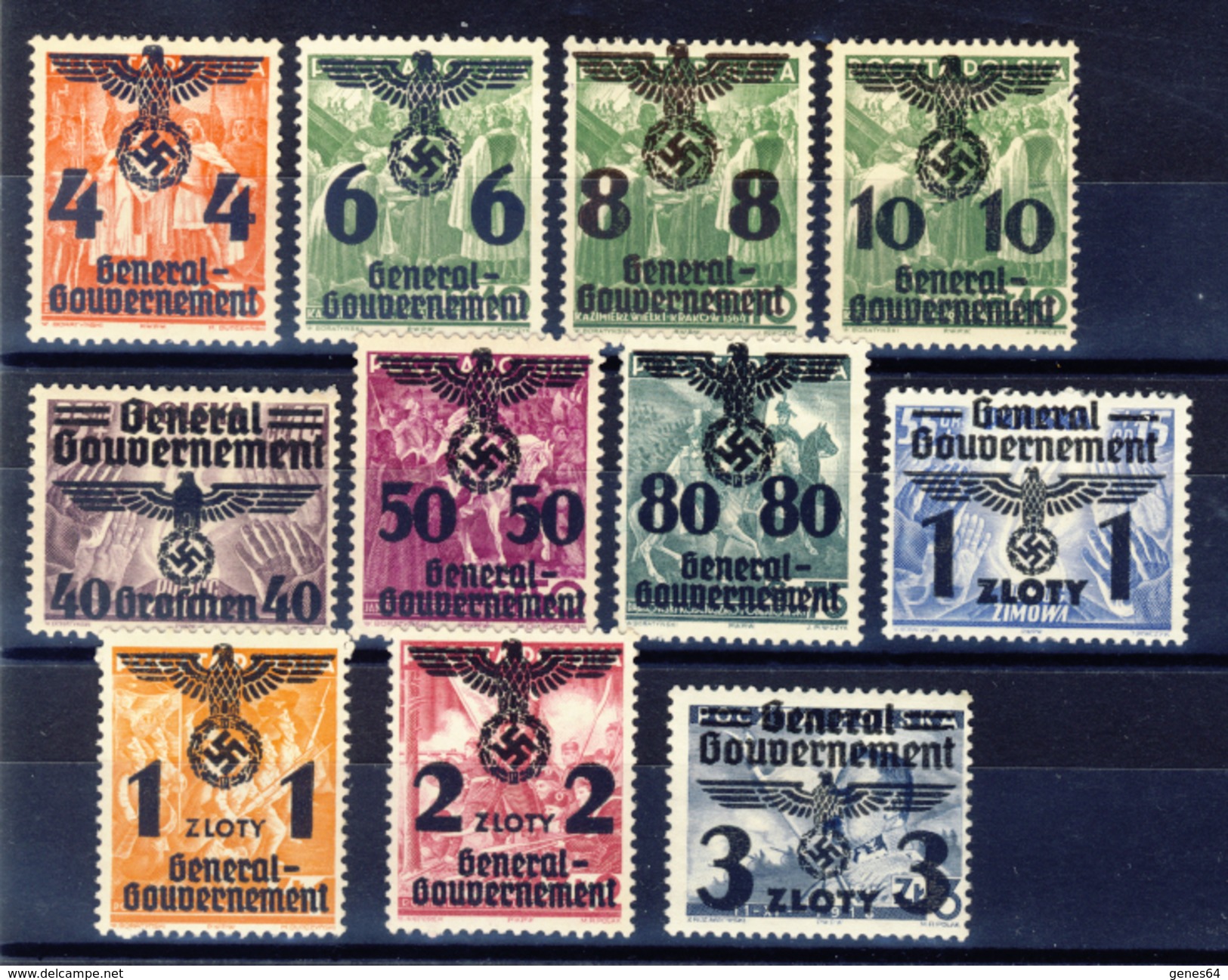 1940 - Spezzature Della Serie Di Francobolli Di Polonia Soprastampati (vedi Descrizione) 11 Valori Nuovi MNH** E MH* - Gouvernement Général