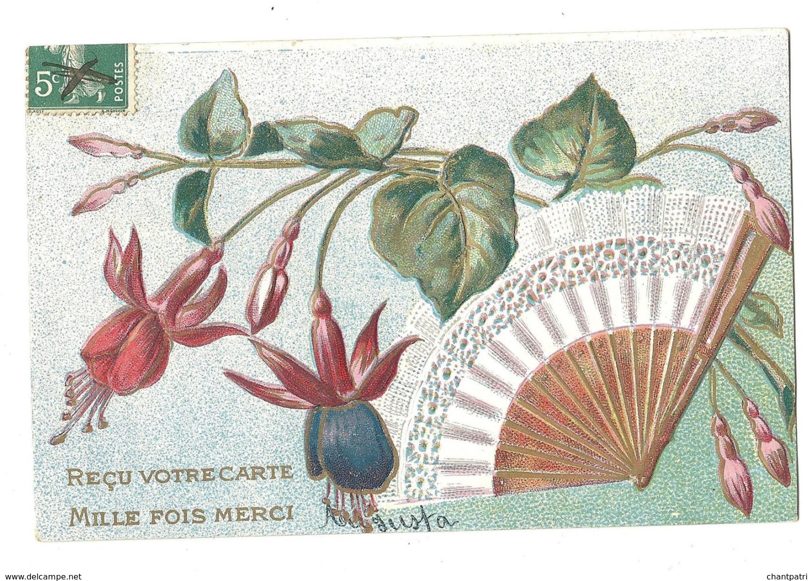 Reçu Votre Carte - Mille Fois Merci - Eventail Et Fuschia - Gauffrée - 1306 - Fleurs