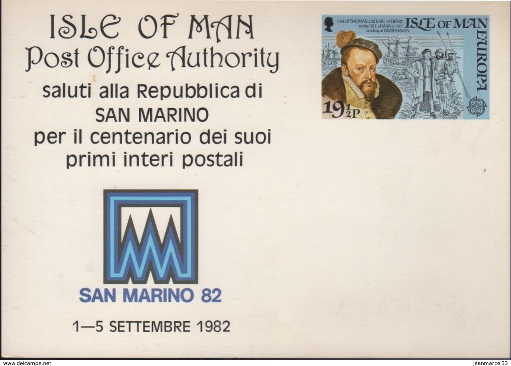 Carte Postale Illustrée Entier 19 1/2 P Isle Of Man Europa San Marino 82 1--5 Septembre 1982 - Entiers Postaux