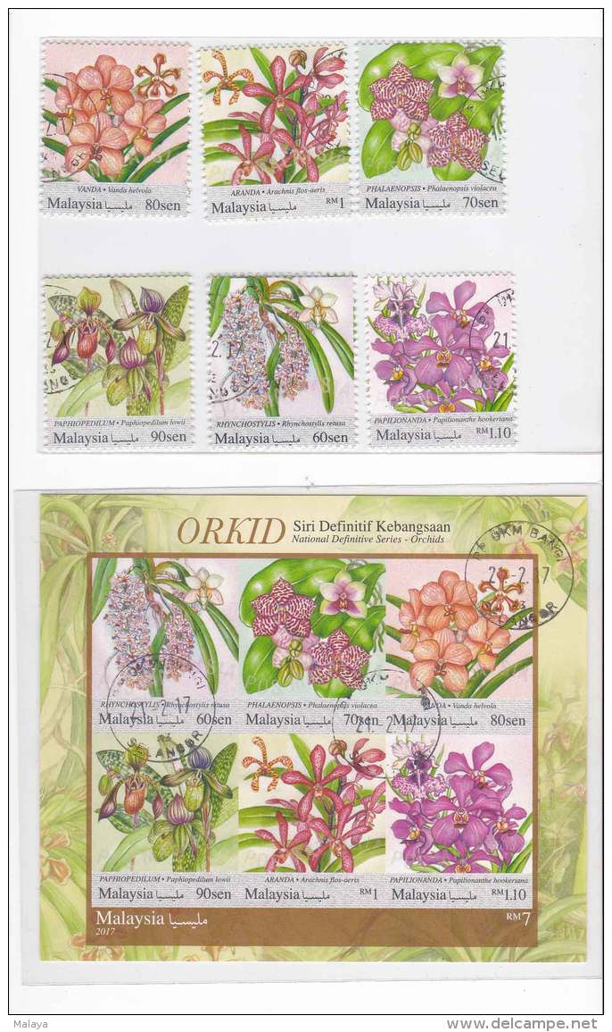 Malaysia National Definitive Series Orchids 2017  Flower Set Ms Sheet Combo Used - Malaysia (1964-...)