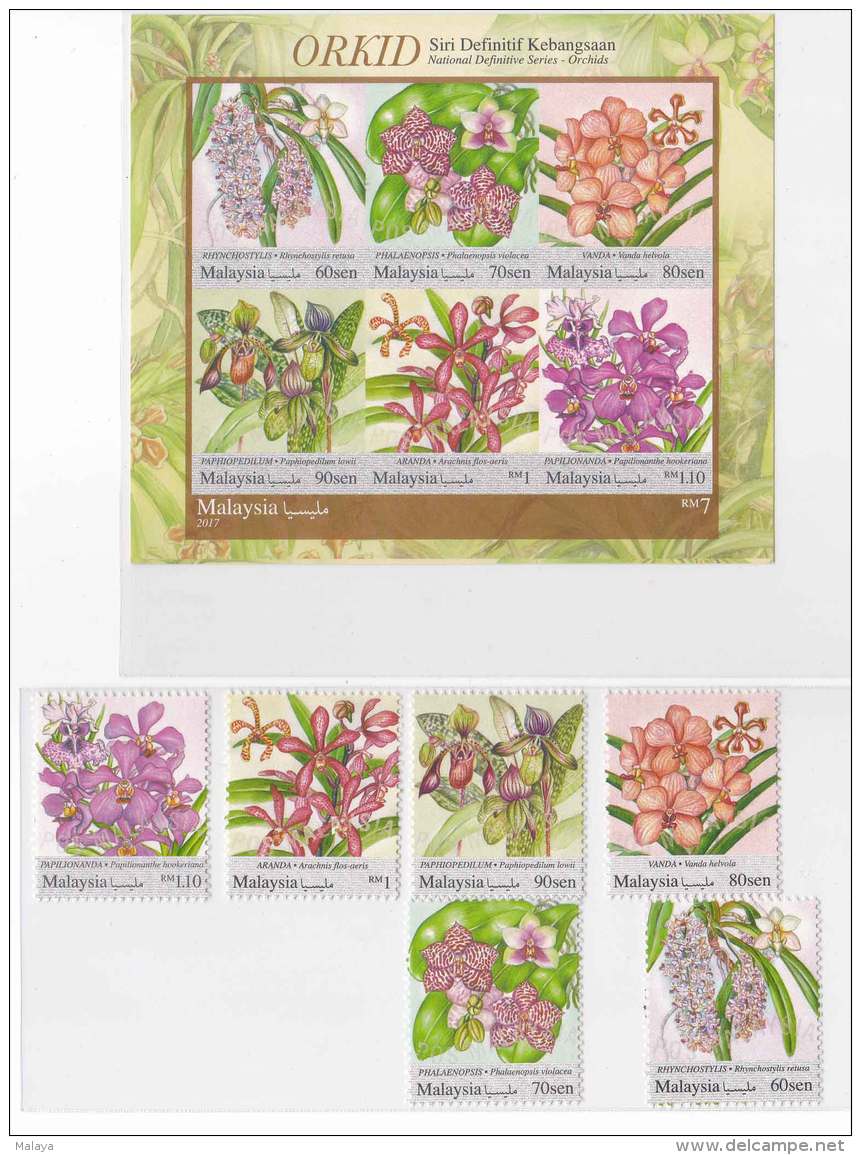 Malaysia National Definitive Series Orchids 2017  Flower Set Ms Sheet Combo Mnh - Malaysia (1964-...)