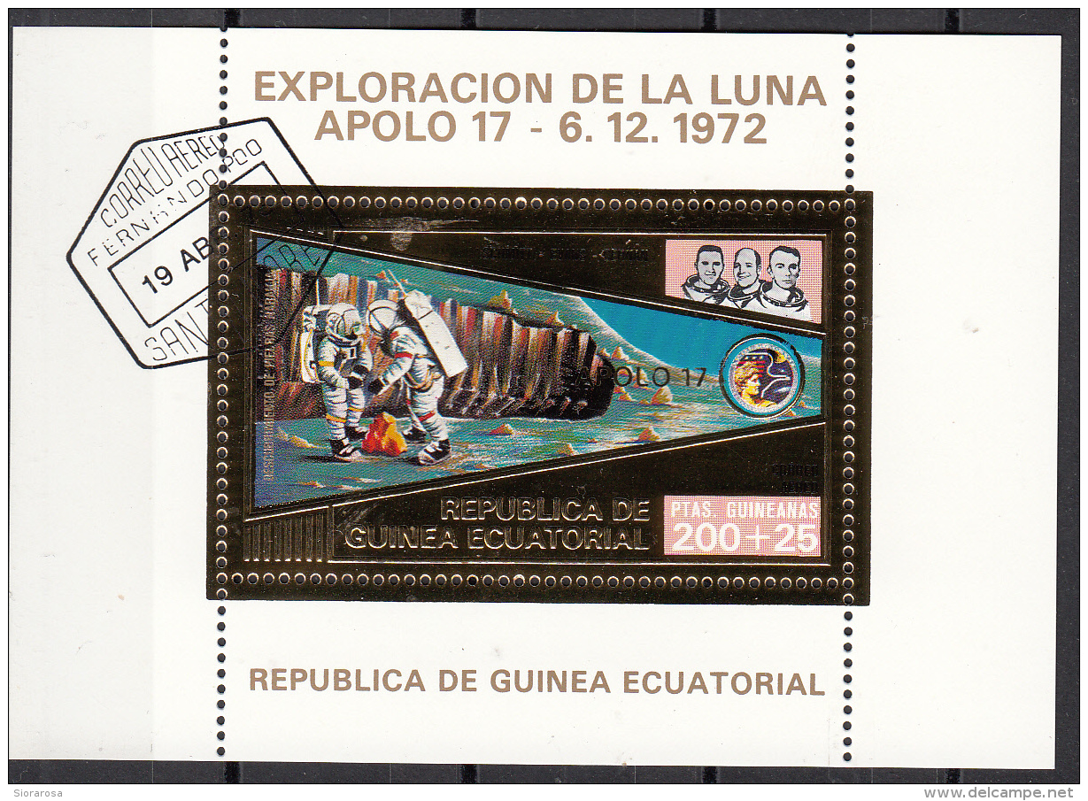 Bf. 65 Guinea Equatoriale 1973 Apollo 17 Gold Art Sheet Astronauti Evans Cernan Schmitt Perf. Ecuatorial - Guinée Equatoriale