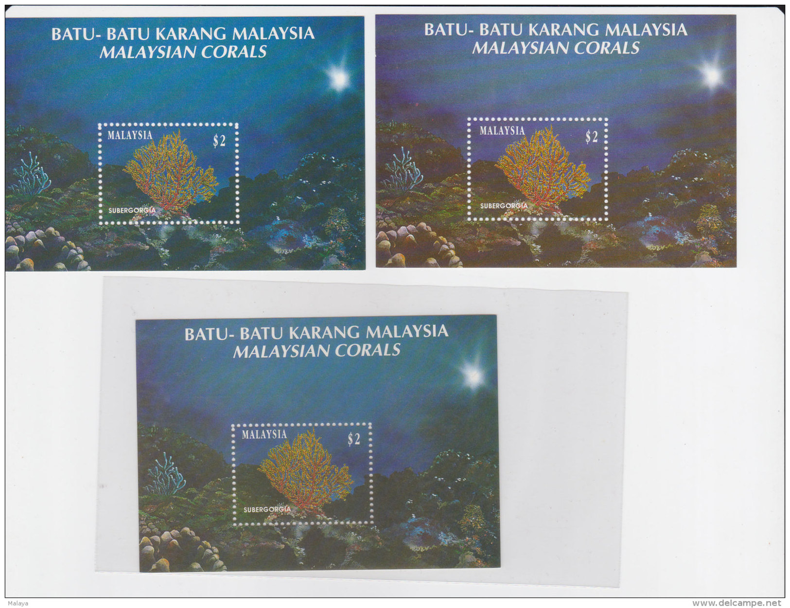 Malaysia 1992 Error Corals Marine Life 3 Ms Sheet Mnh With Shades Different Colour Rare Wmk Upright. - Malaysia (1964-...)