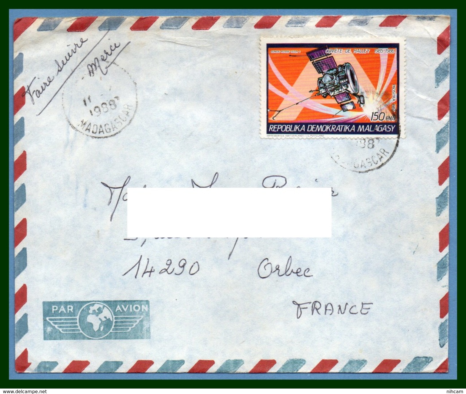Madagascar Lettre 1988 >  France Espace Cométe De Halley Space - Africa