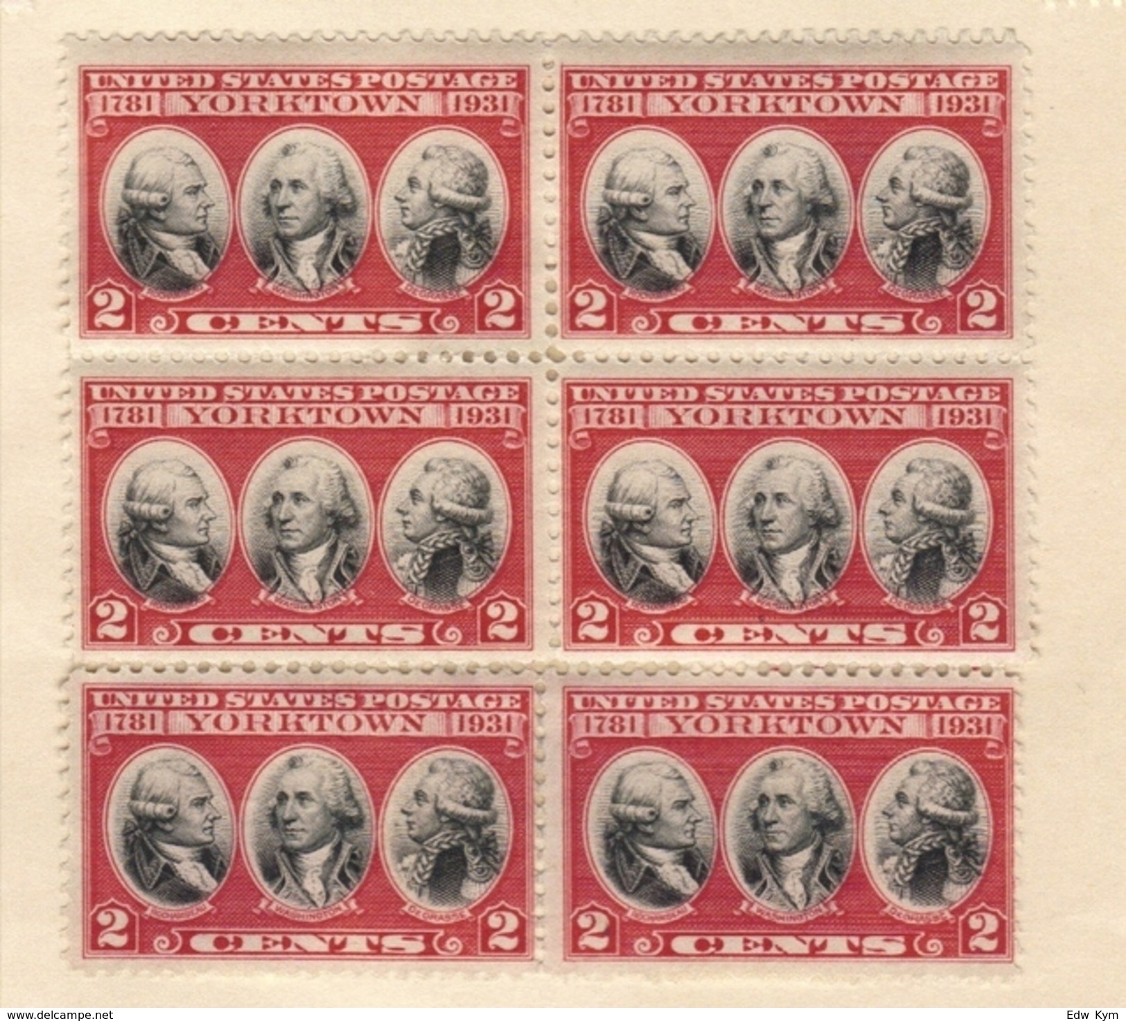 1931 US Block Of Six (6) Rochambeau,Washington,De Grasse Issue Mint-Light Hinge,OG VF - Unused Stamps
