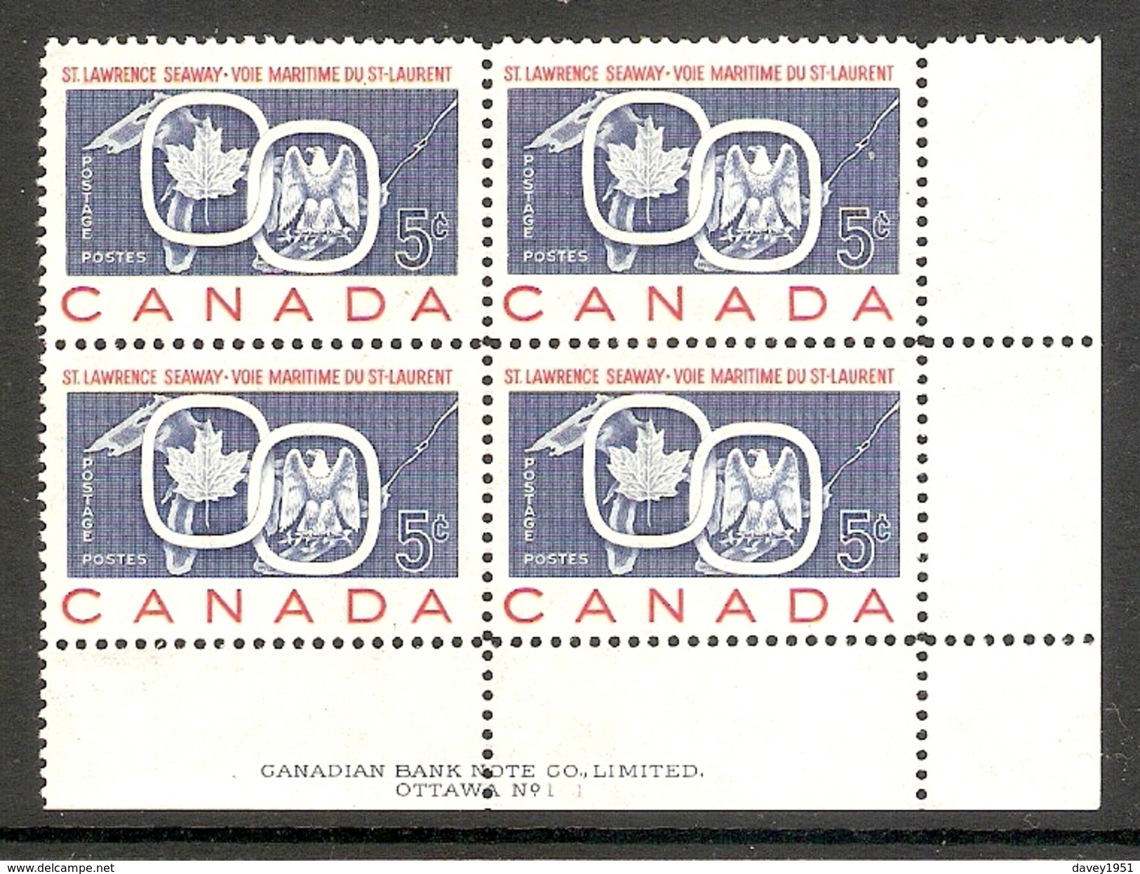 001216 Canada 1959 St Lawrence 5c Plate 1 Block LR MNH - Plate Number & Inscriptions