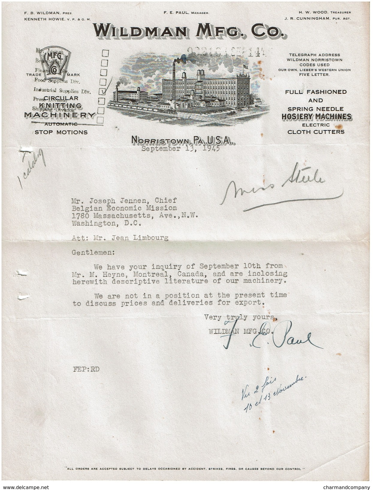 Letter 1945 - Wildman Mfg. Co., Norristown, Pa. USA - Knitting Machinery - See Scan - United States