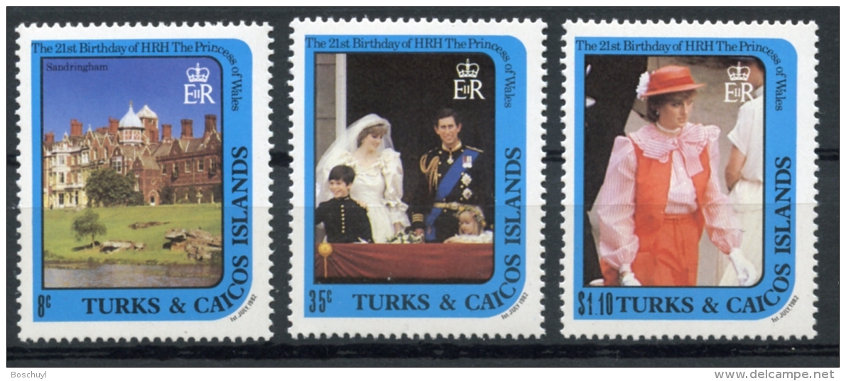 Turks And Caicos Islands, 1982, Royal Wedding, Lady Diana, Prince Charles, MNH, Michel 598, 599, 603 - Turks & Caicos