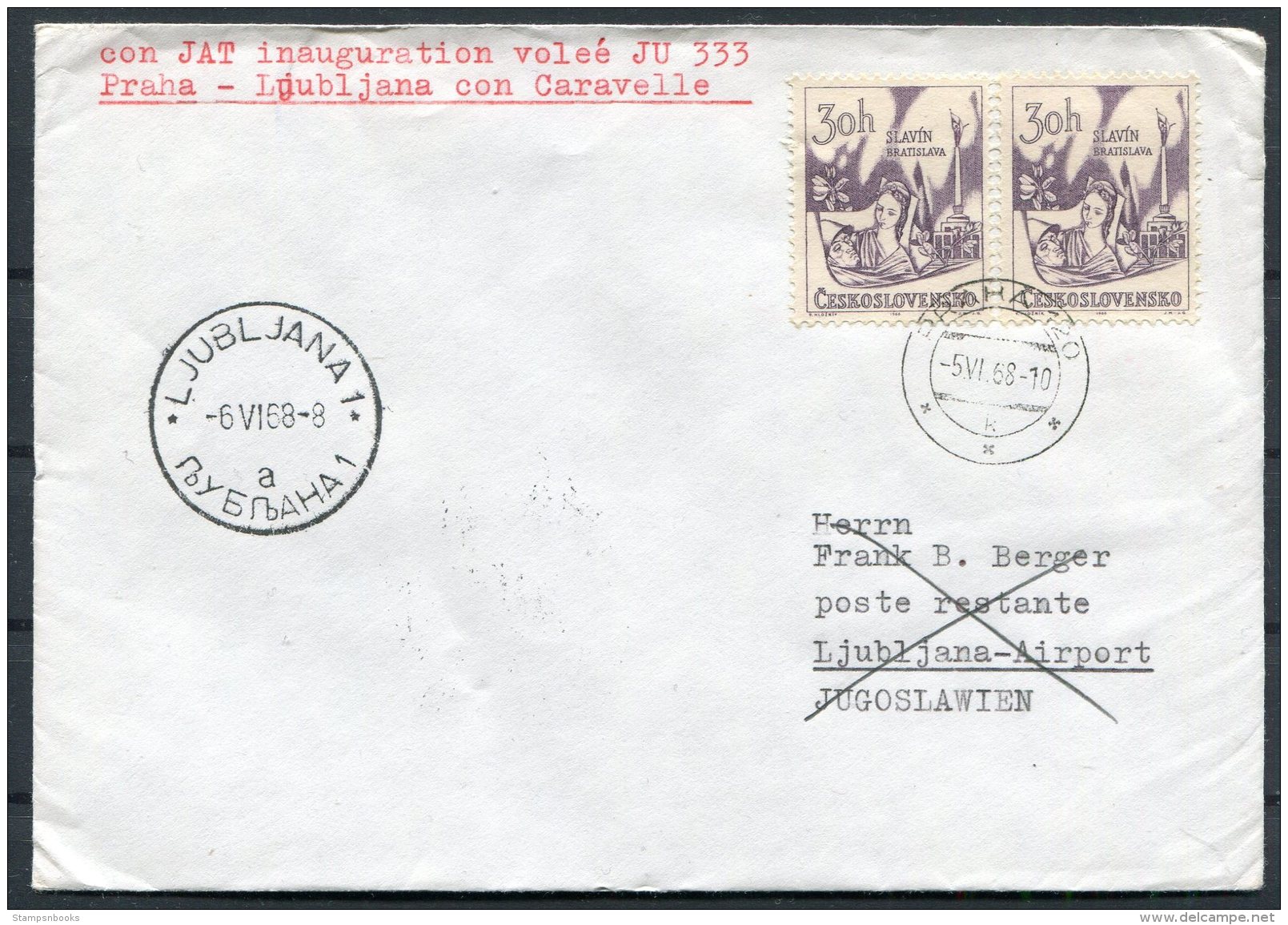 1968 JAT First Flight Cover Prague - LJUBLJANA - Airmail