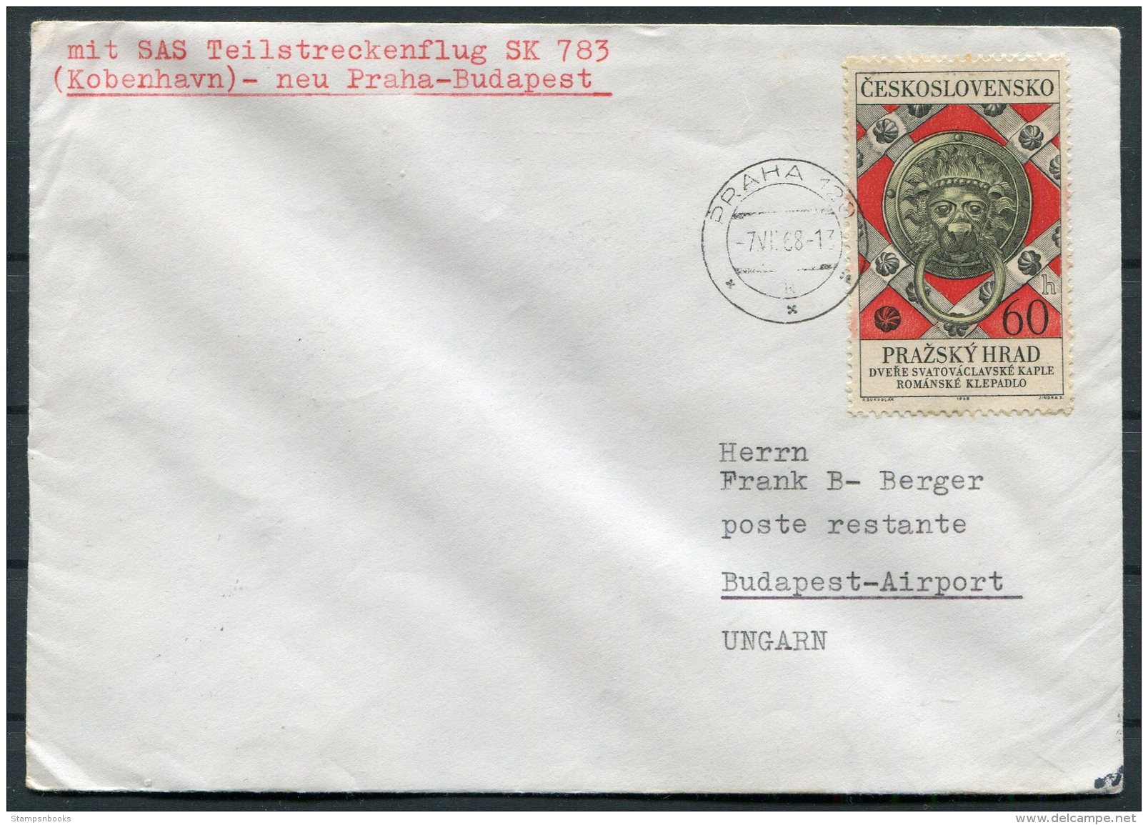 1968 SAS First Flight Cover Prague - Budapest, Hungary - Airmail