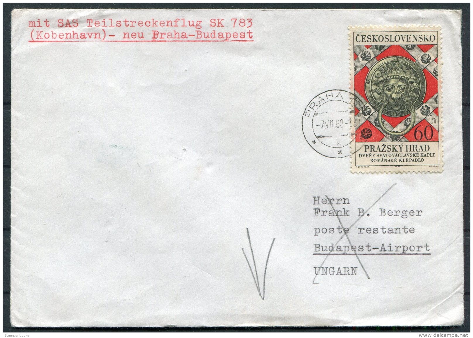 1968 SAS First Flight Cover Prague - Budapest, Hungary - Corréo Aéreo