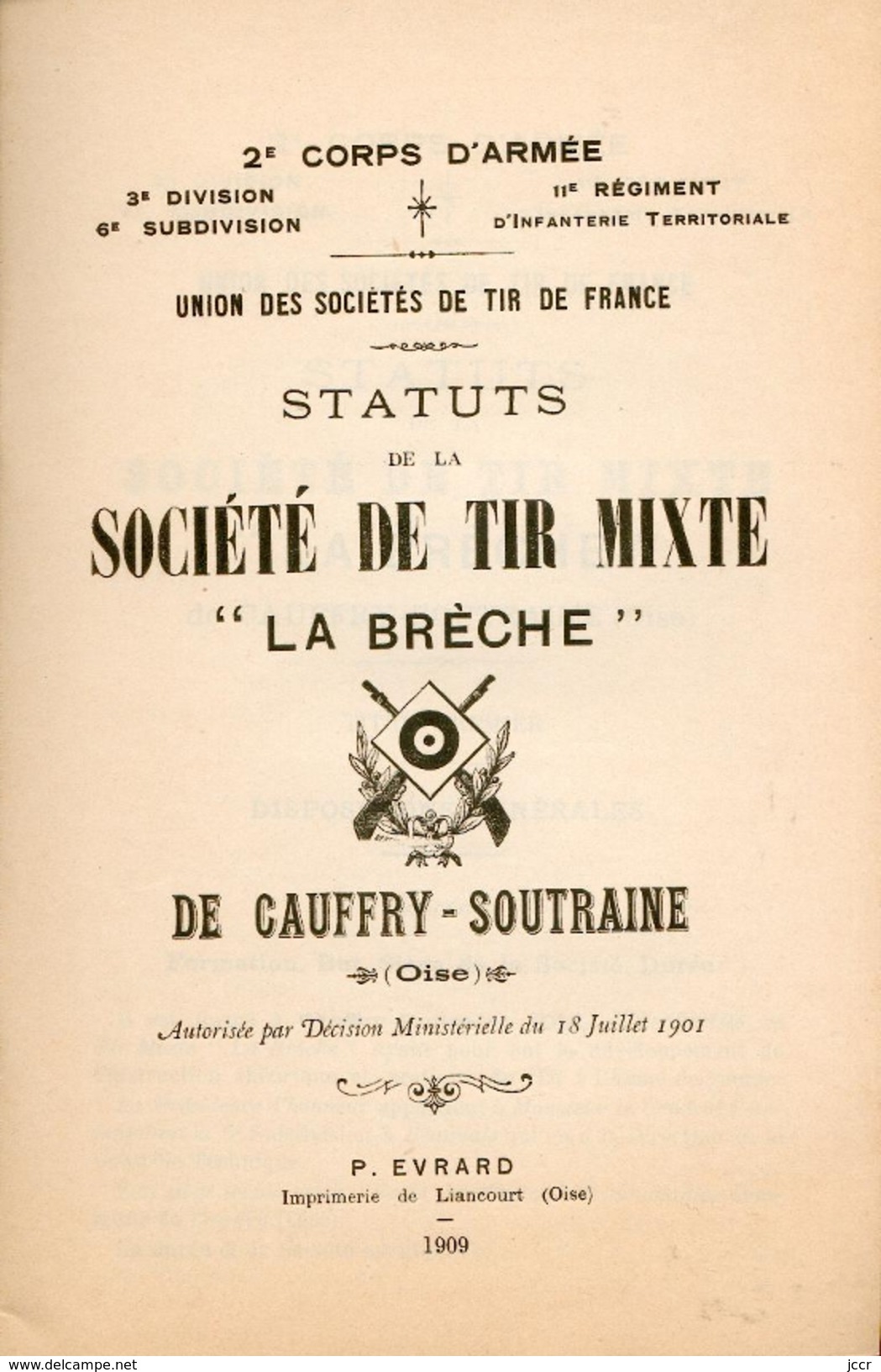 Union Des Sociétés De Tir De France - Statuts De La Société De Tir Mixte "La Brèche" De Cauffry-Soutraine (Oise) - 1909 - 1901-1940