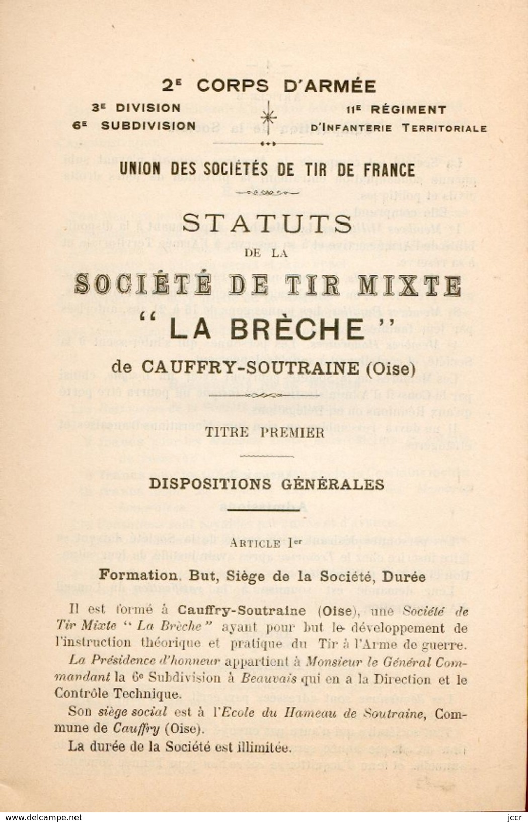 Union Des Sociétés De Tir De France - Statuts De La Société De Tir Mixte "La Brèche" De Cauffry-Soutraine (Oise) - 1909 - 1901-1940