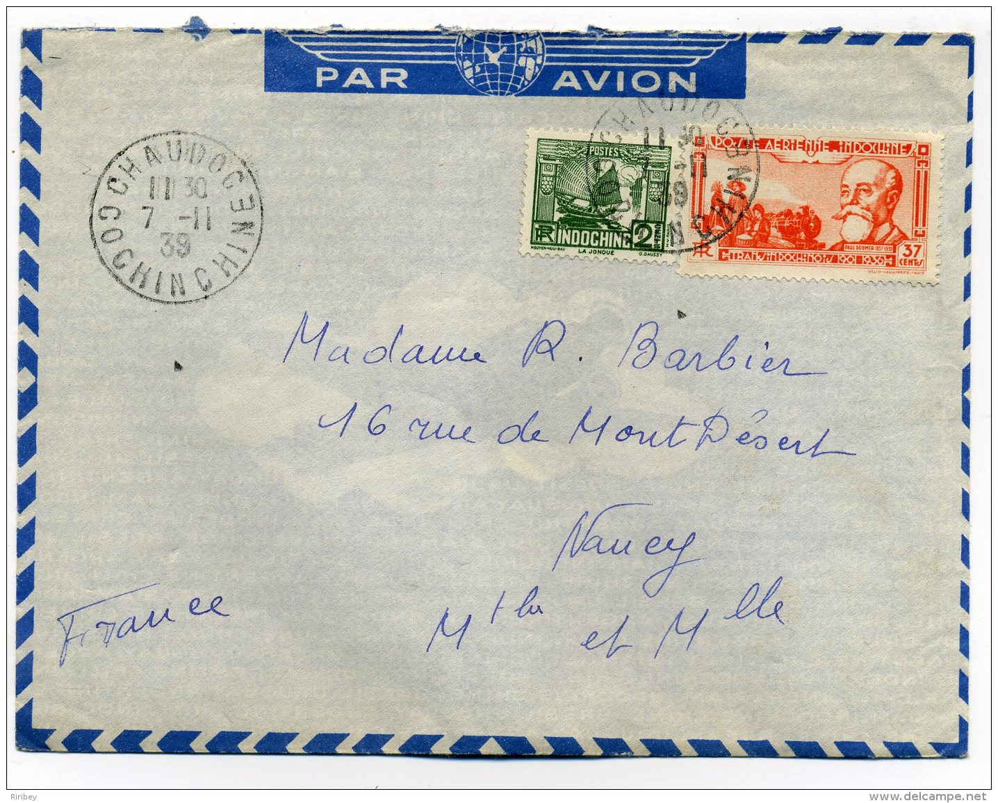 Lettre De CHAUDOC  COCHINCHINE  / TP Indochine / Lettre Par Avion  /  7 Nov 1939 / Pour Navey Meurthe Et Moselle - Storia Postale