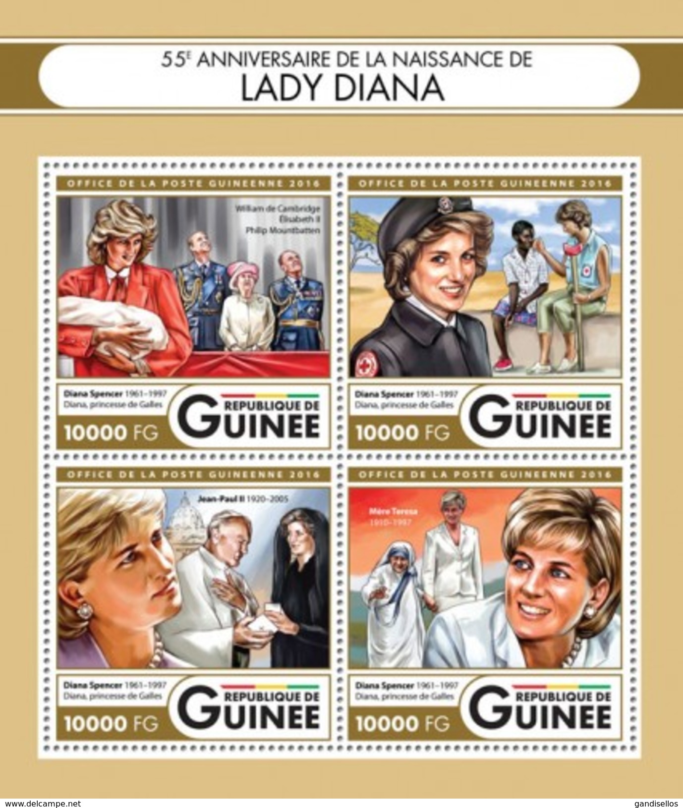 GUINEA 2016 SHEET LADY DIANA PRINCESS WALES ROYALTY POPE JOHN PAUL PRINCE WILLIAM QUEEN ELIZABETH MOTHER TERESA Gu16406a - Guinea (1958-...)