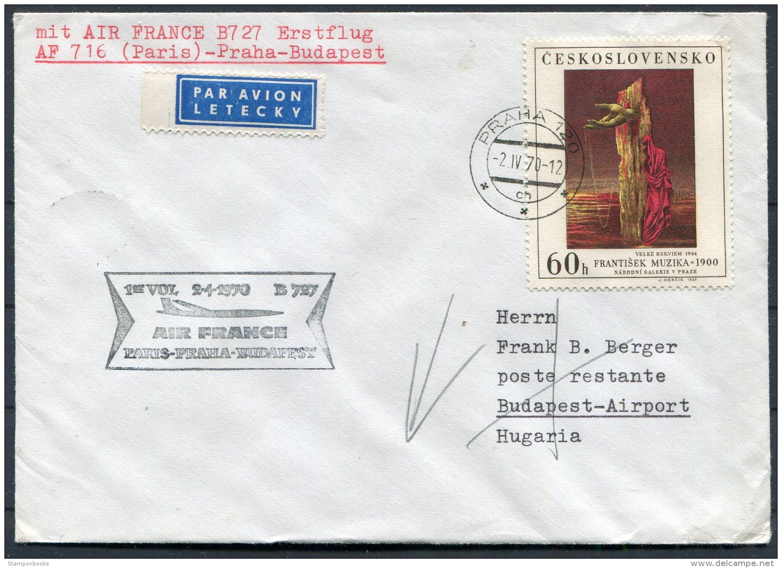 1970 Air France First Flight Cover Prague Praha - Budapest, Hungary - Luftpost