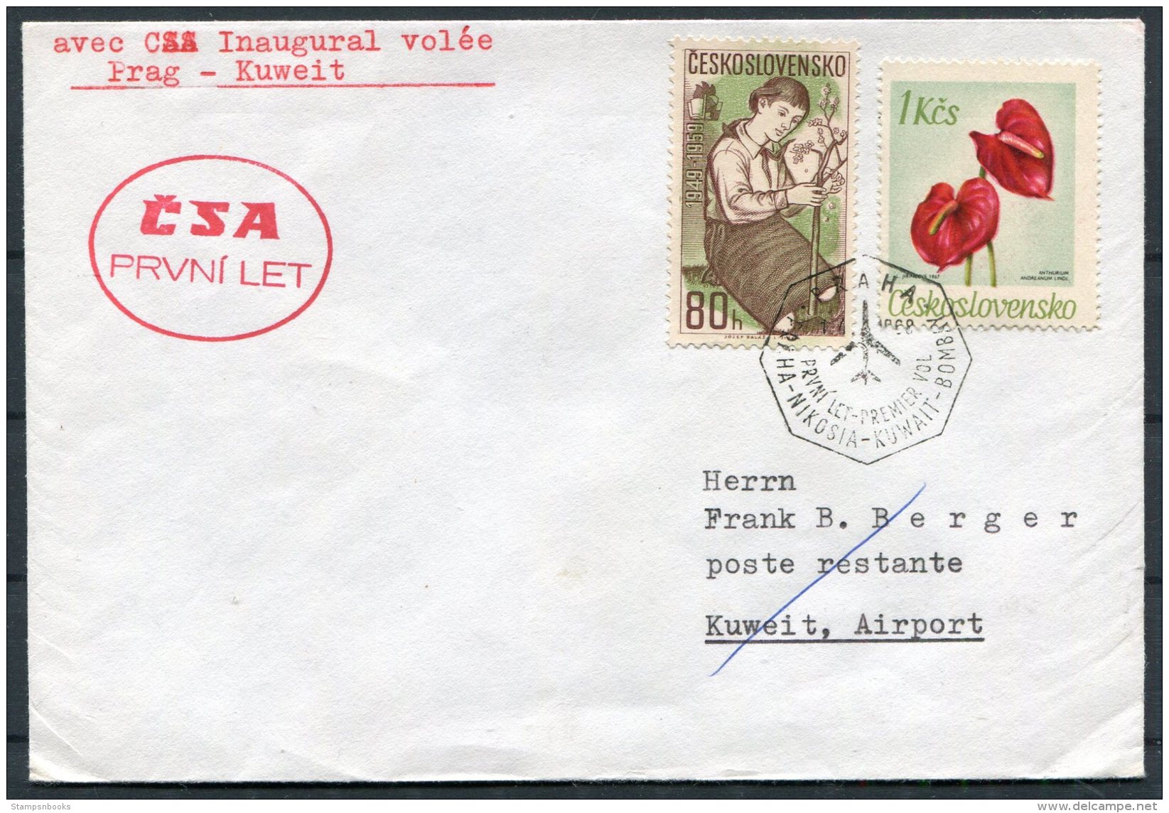 1968 CSA First Flight Cover Prague Praha - Kuwait - Airmail