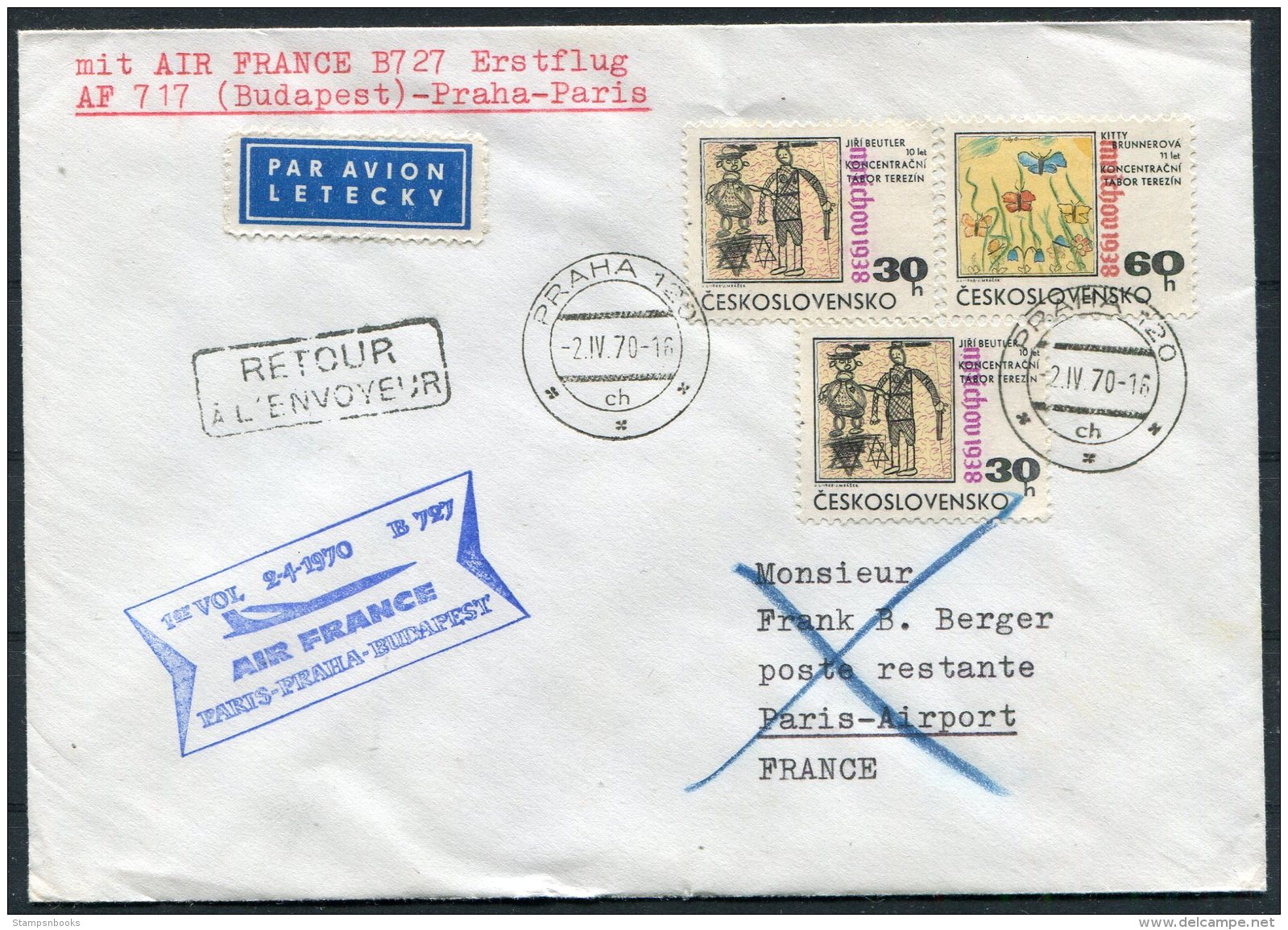 1970 Air France First Flight Cover Prague Praha - Paris - Airmail