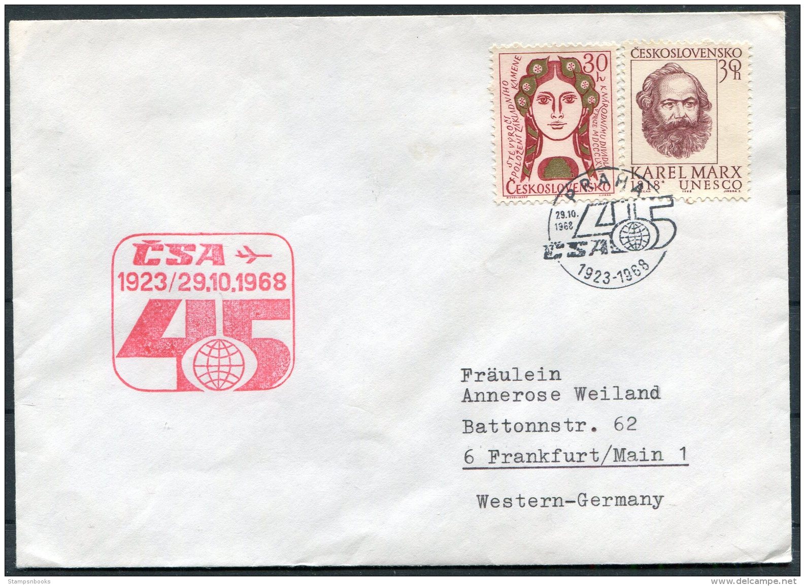 1968 CSA First Flight Cover Prague Praha - Frankfurt, Germany - Airmail