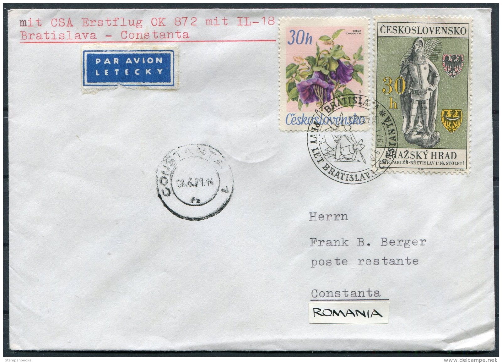 1971 CSA First Flight Cover Bratislava - Constanta, Romania - Airmail