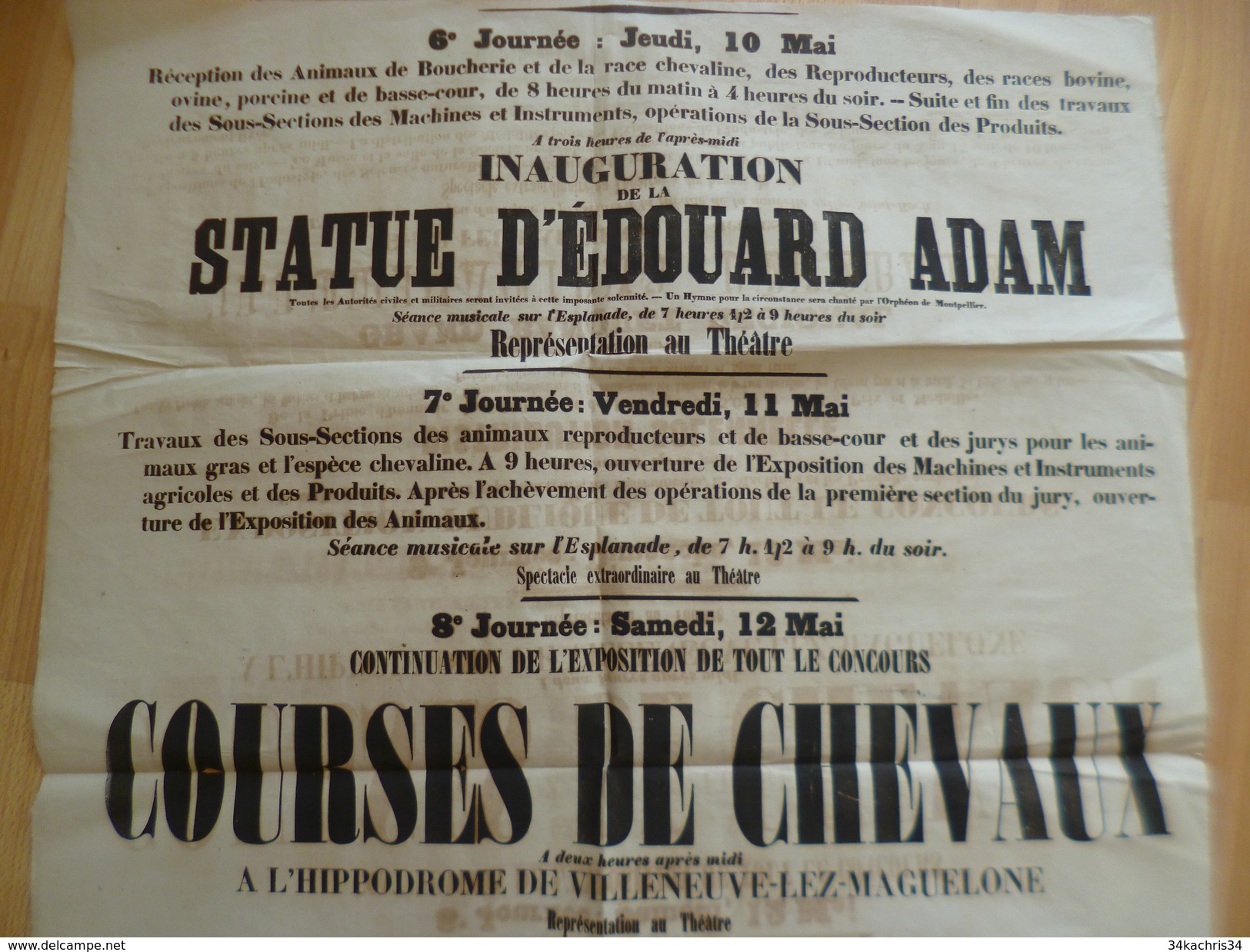 Affiche Montpellier Mai 1860 Inauguration Statue E.Adam Et Course De Chevaux Et Exposition Agricole Animaux, ....i - Posters