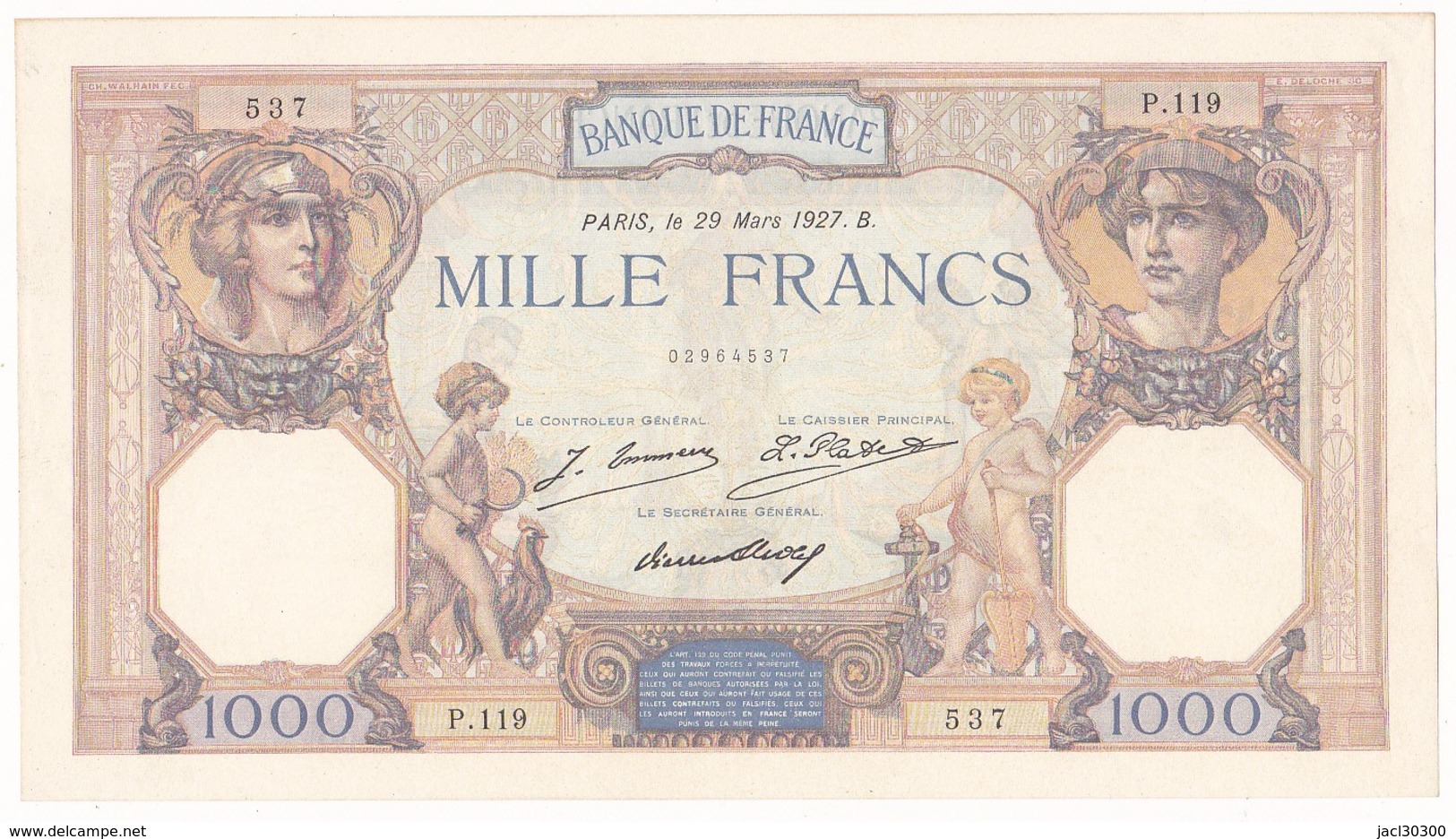 FRANCE : BILLET 1000 FRANCS CERES ET MERCURE Du 29-3-1927 - 1 épinglage, Non Aplati. (2 Scan) A1 - 1 000 F 1927-1940 ''Cérès Et Mercure''