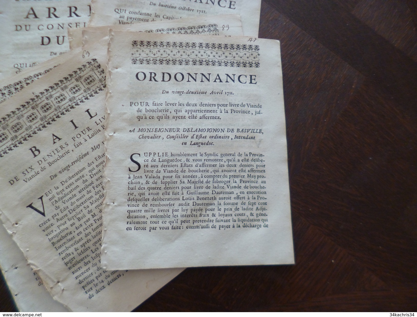 Boucherie Viande 8 Décrets, Arrest, Bail  De Loi Entre 1711 Et 1712 A Saisir - Decrees & Laws