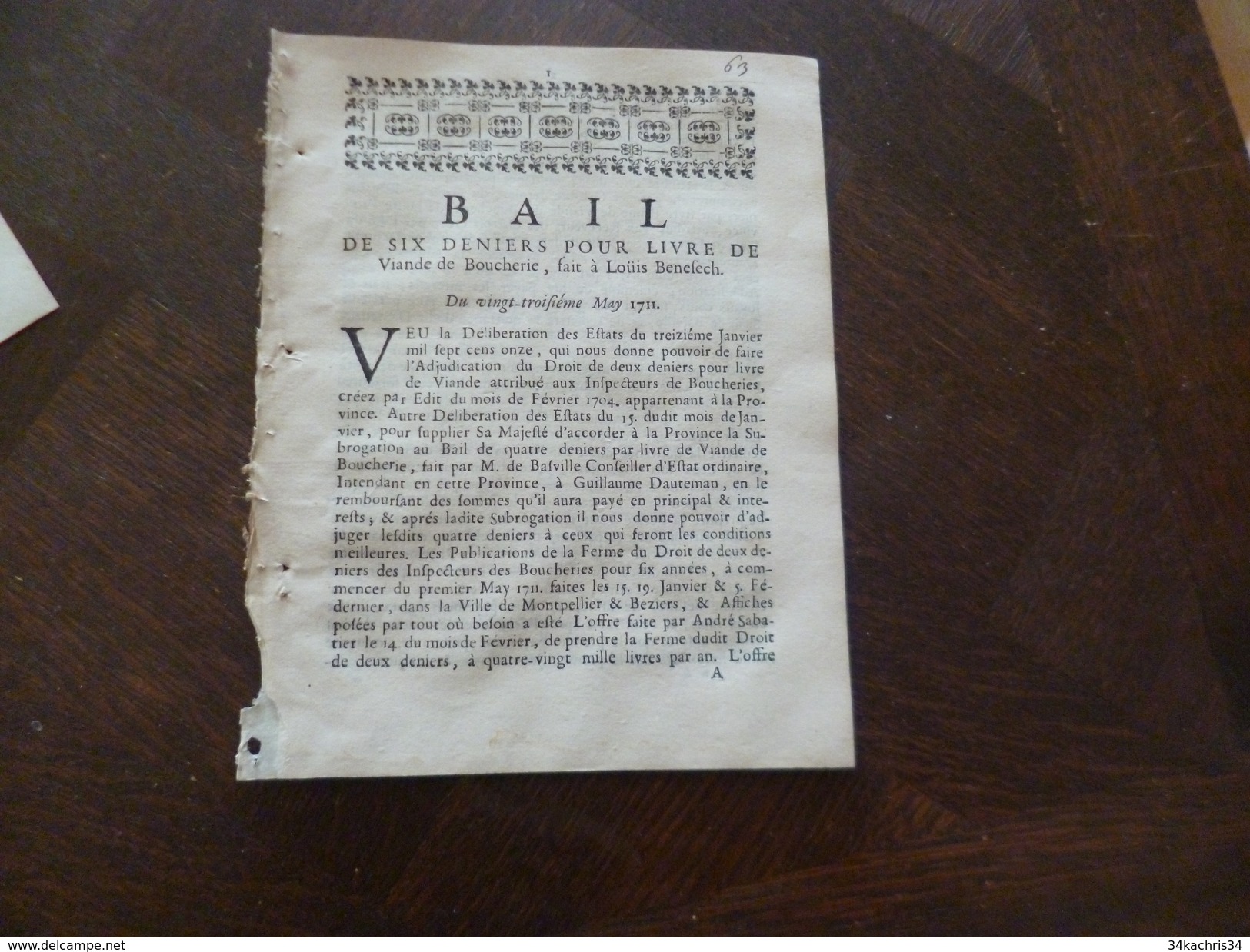 Boucherie Viande 8 Décrets, Arrest, Bail  De Loi Entre 1711 Et 1712 A Saisir - Decrees & Laws