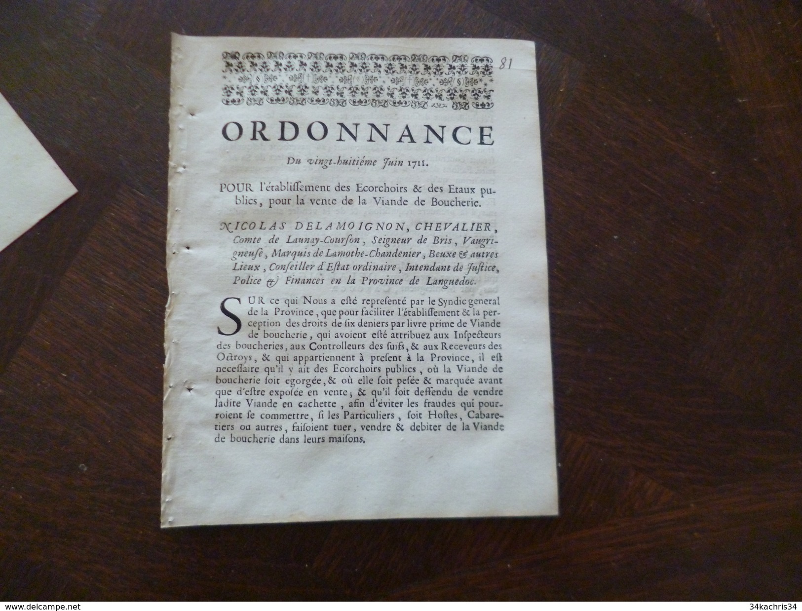 Boucherie Viande 8 décrets, arrest, bail  de loi entre 1711 et 1712 A saisir