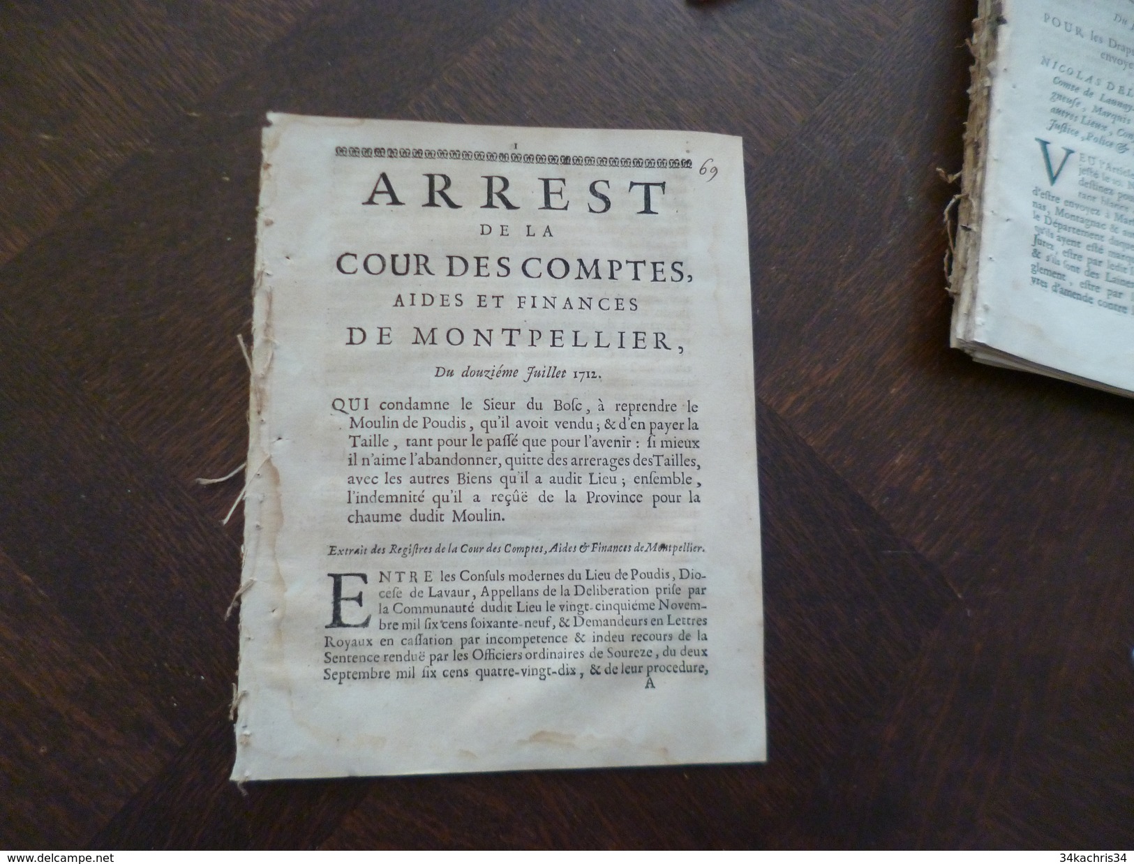 Arrest Cour Des Comptes Montpellier 12/07/1712 Sieur Bosc Moilin De Poudis Condamnation - Decrees & Laws