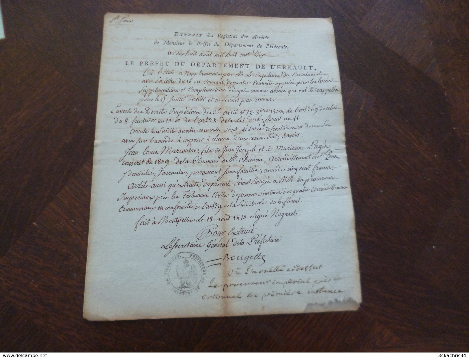 Montpellier Extrait Préfecture Hérault Manuscrit 18/08/1810 Jean Louis Marcouire Saint Chinian Conscrit Réfractaire - Decrees & Laws