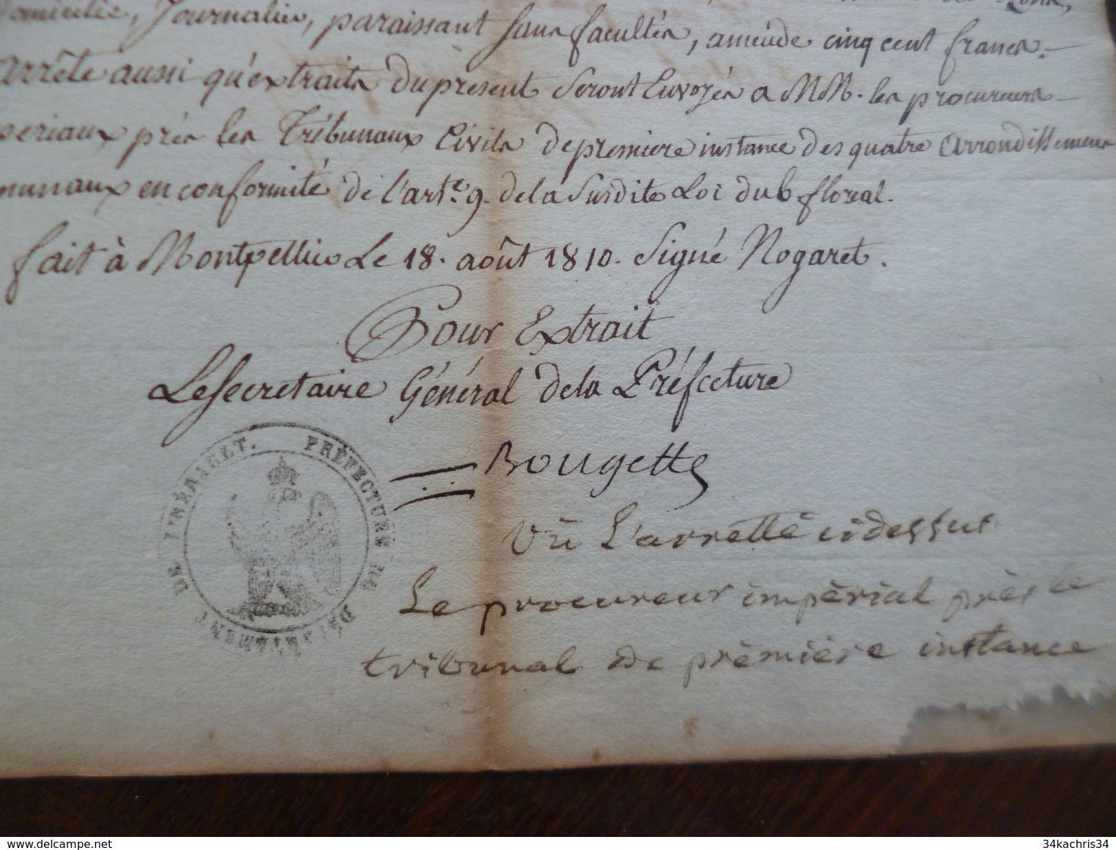 Montpellier Extrait Préfecture Hérault Manuscrit 18/08/1810 Jean Louis Marcouire Saint Chinian Conscrit Réfractaire - Decrees & Laws