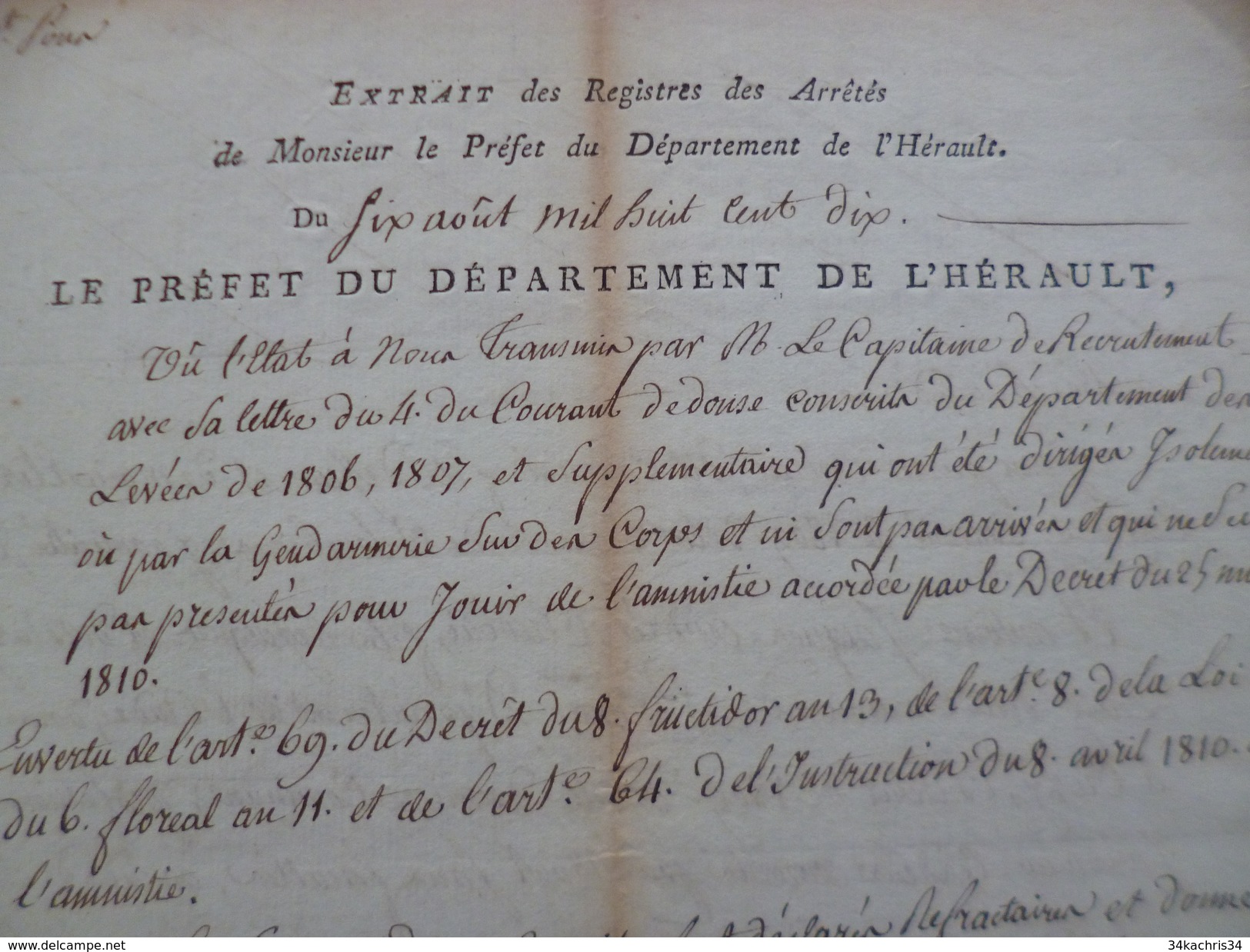 Montpellier Extrait Préfecture Hérault Manuscrit 06/08/1810 12 Conscrits Réfractaires Rouih Cathala Jamme Astruc Audui . - Décrets & Lois