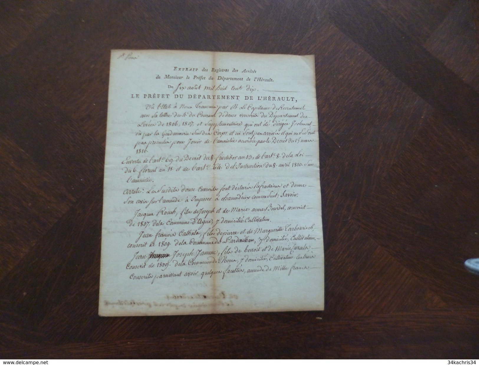 Montpellier Extrait Préfecture Hérault Manuscrit 06/08/1810 12 Conscrits Réfractaires Rouih Cathala Jamme Astruc Audui . - Décrets & Lois