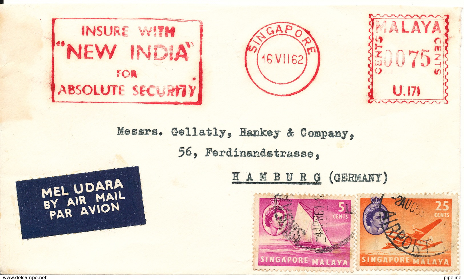 Singapore Malaya Cover With Meter Cancel Sent To Germany 16-7-1962 (NB: A Collector Has Pasted Some Of His Dublets Sta - Singapore (1959-...)