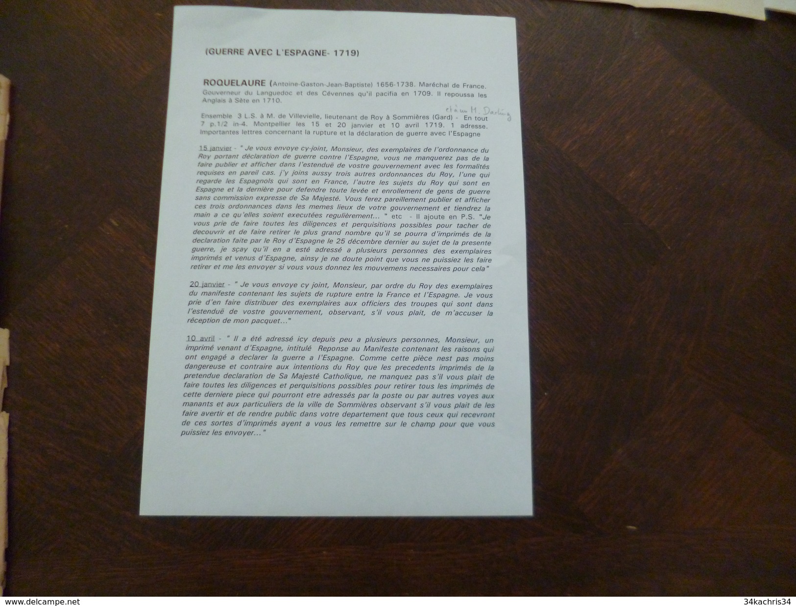 3 LAS Roquelaure maréchal à Villevielle Darling Montpellier 1719 rupture et déclaration de guerre avec l'Espagne