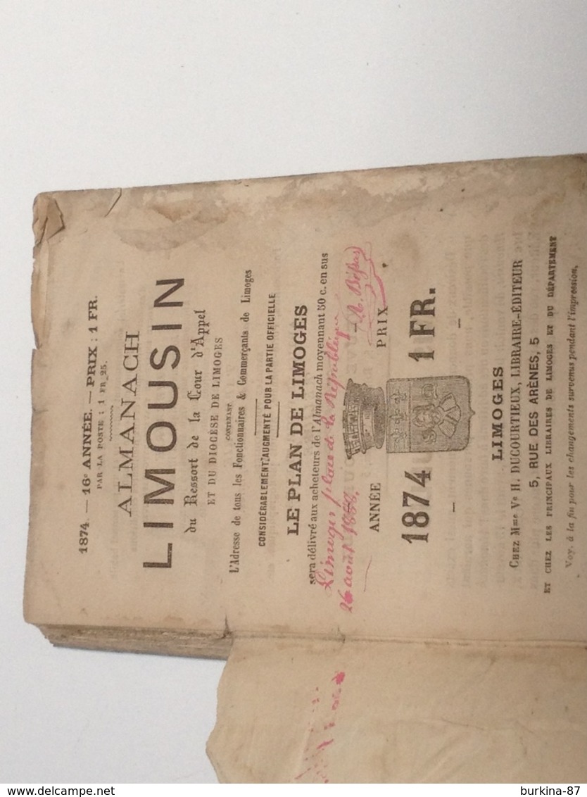 ALMANACH LIMOUSIN , 1874, Diocèse De Limoges,296 PAGES - Autres & Non Classés