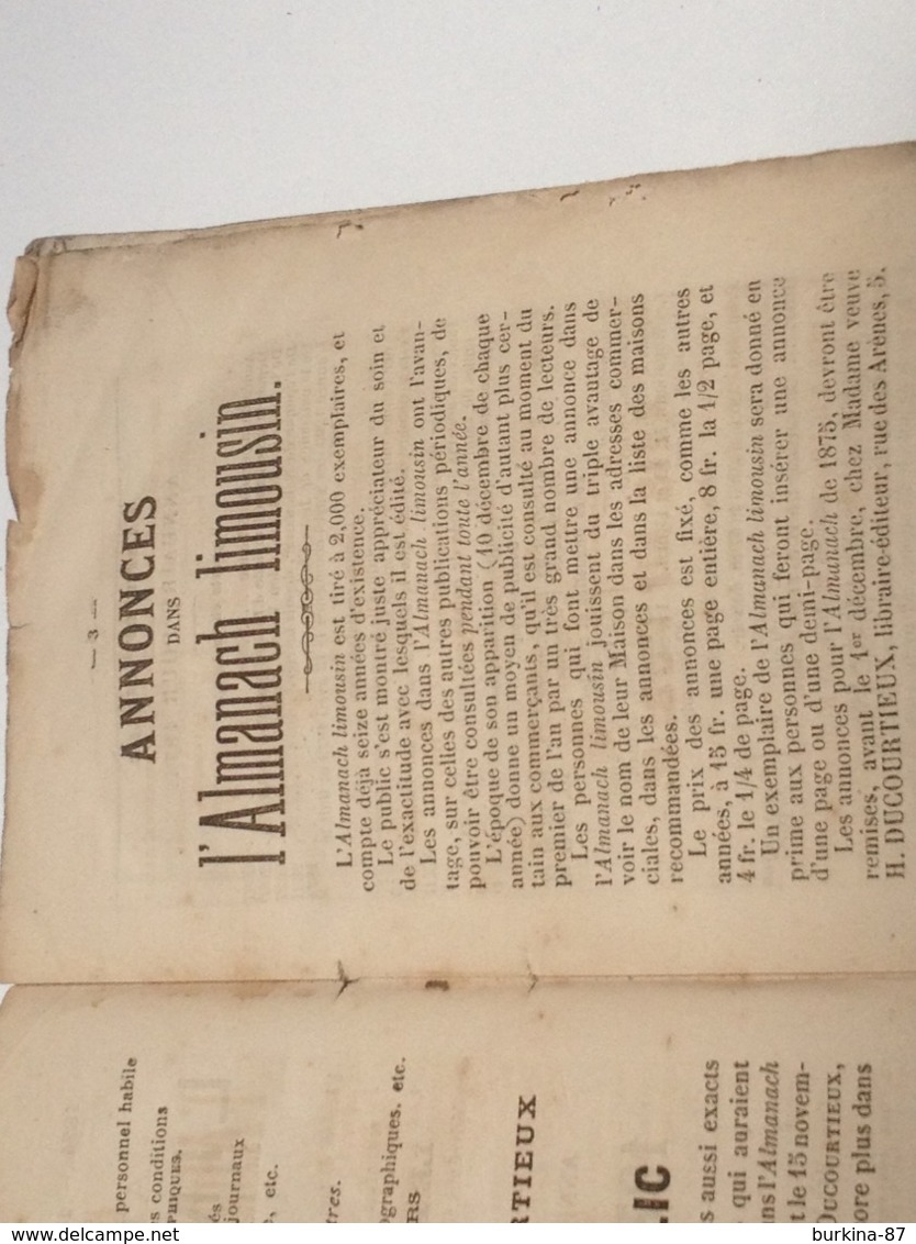 ALMANACH LIMOUSIN , 1874, Diocèse De Limoges,296 PAGES - Autres & Non Classés