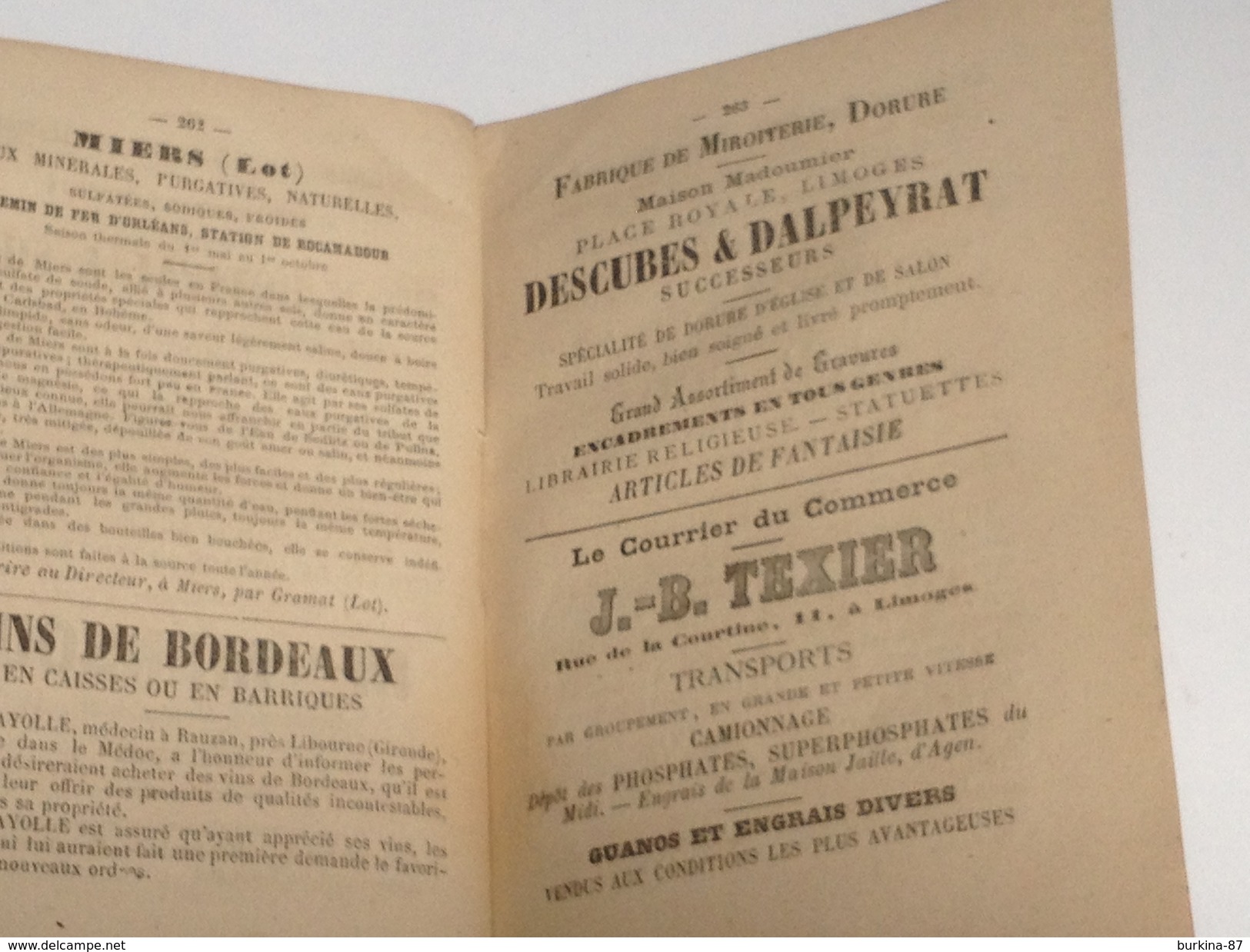 ALMANACH LIMOUSIN , 1874, Diocèse de Limoges,296 PAGES