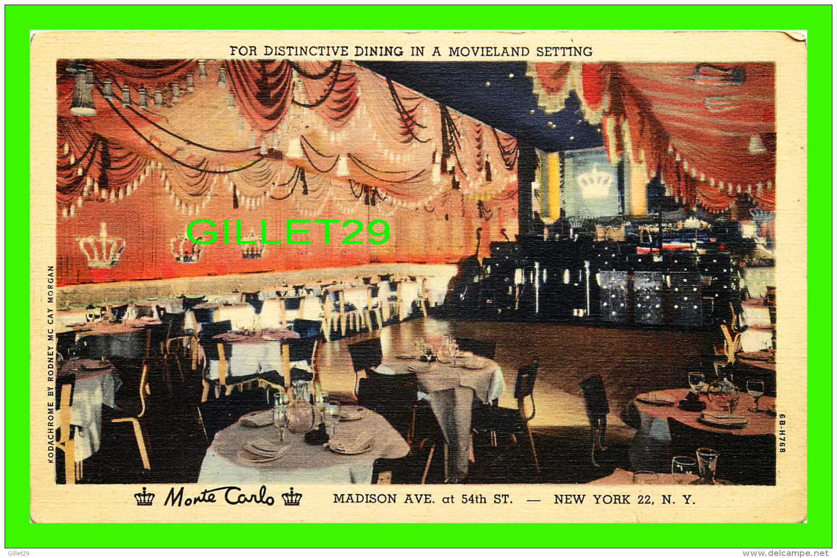 NEW YORK, NY - MONTE CARLO RESTAURANT &amp; MOVIELAND SETTING  - TRAVEL IN 1947 - POSTAGE DUE - - Bares, Hoteles Y Restaurantes